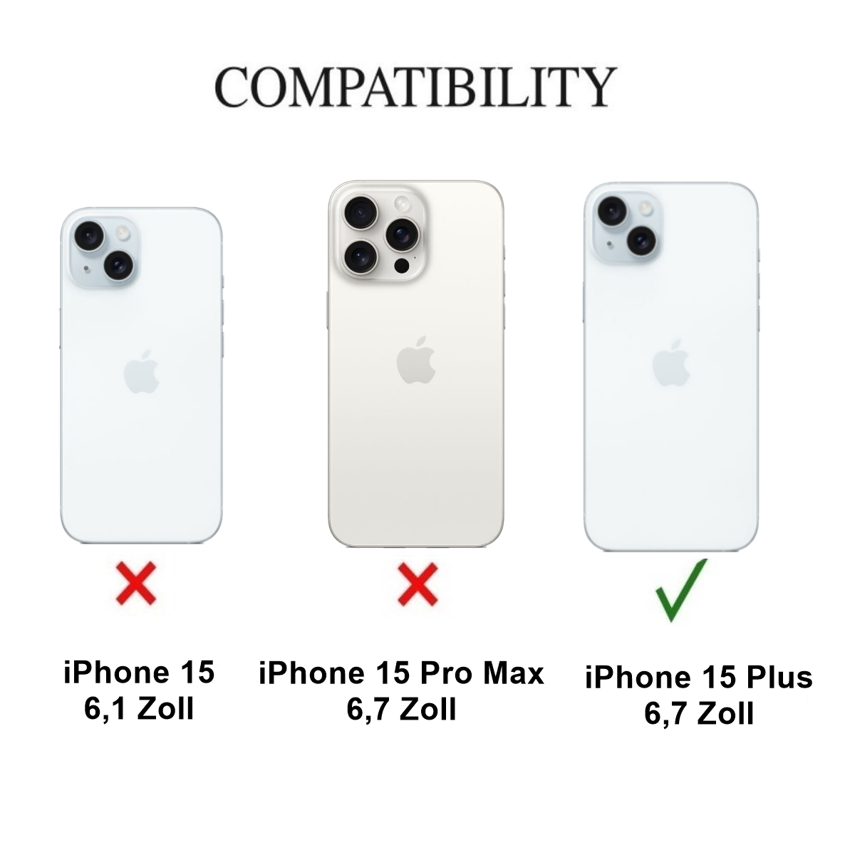 Drei iPhone-Modelle mit Kompatibilitätsprüfzeichen und Kreuzen, die die Kompatibilität anzeigen.