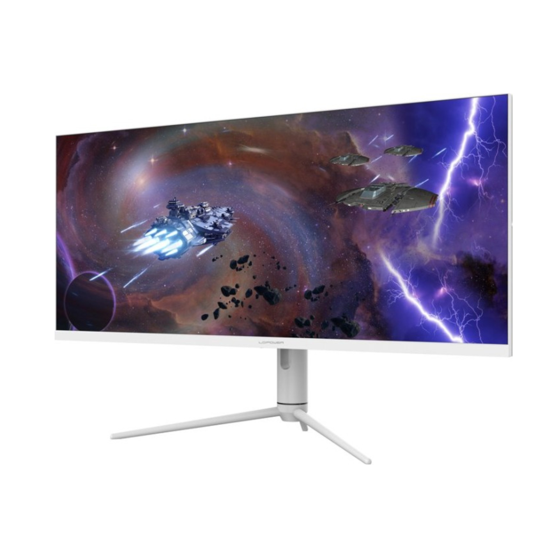 Biały monitor do gier wyświetlający scenę kosmiczną z statkami kosmicznymi, fioletowymi błyskawicami i białym stojakiem.