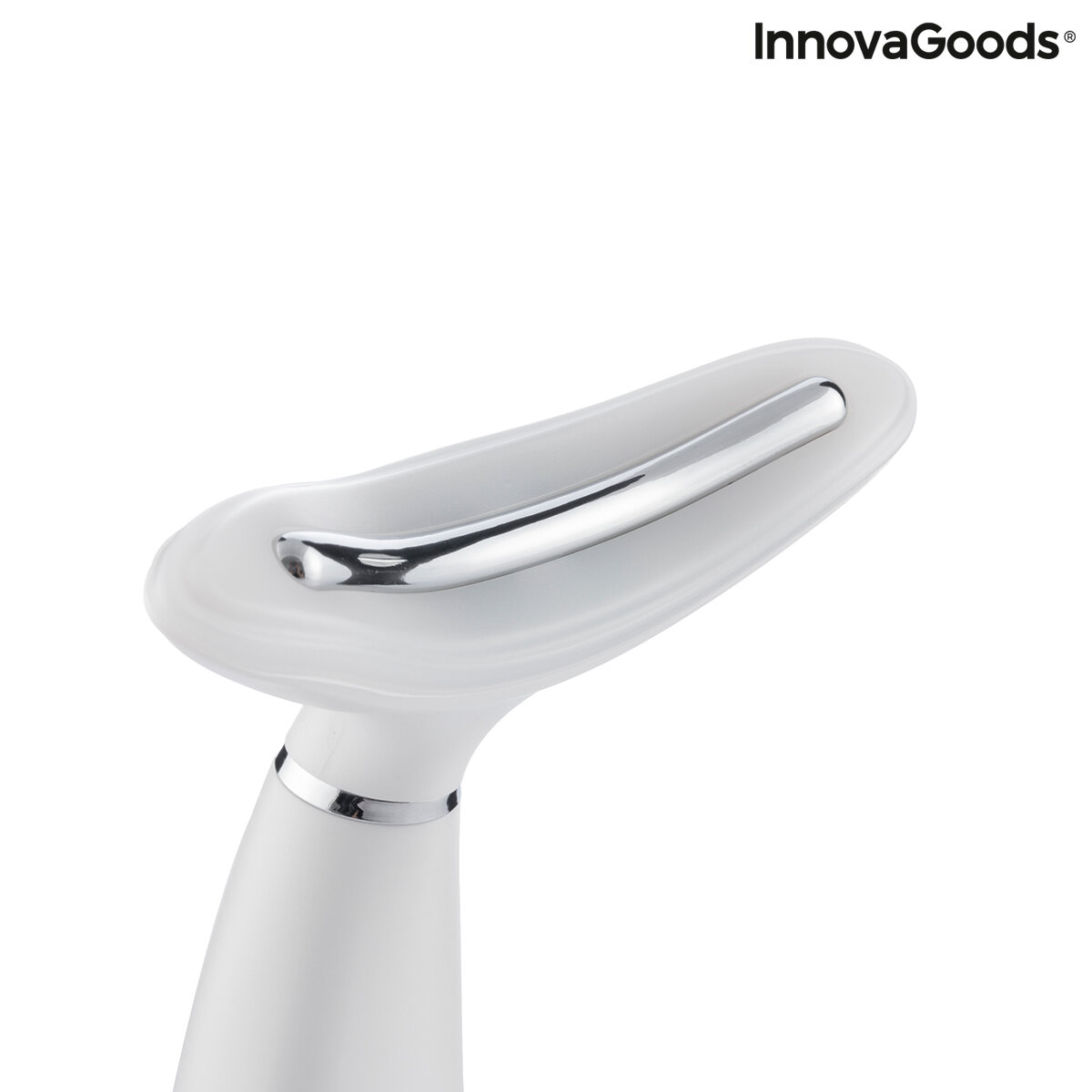 Weißes Nackenmassagegerät mit Silberstange. InnovaGoods Logo in der Ecke.