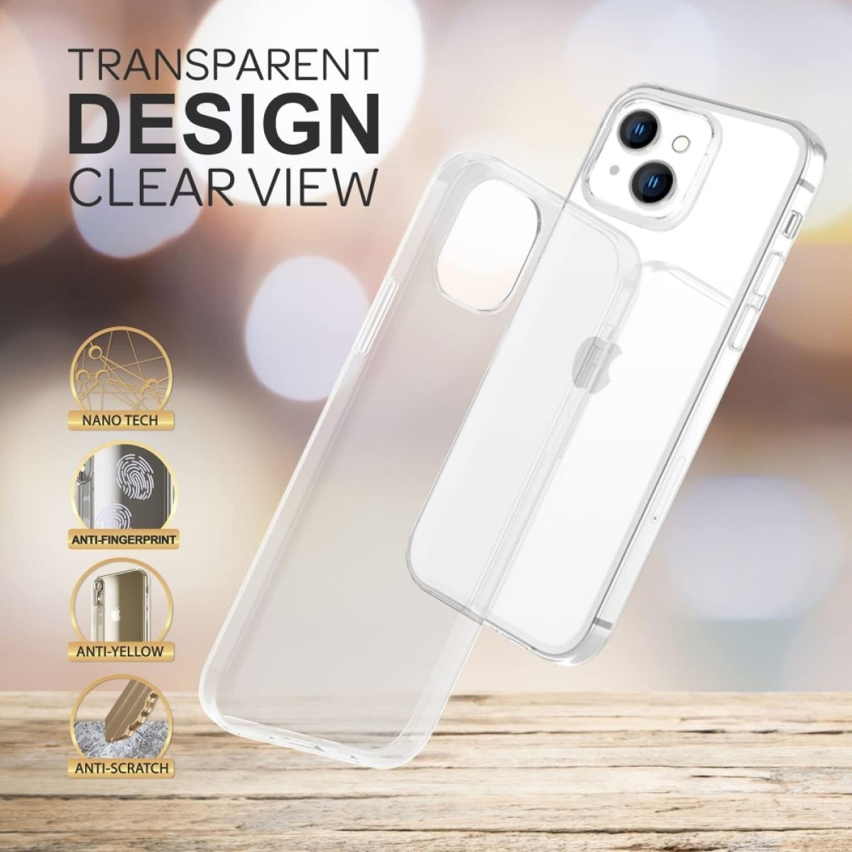 Klare Handyhülle mit transparentem Design, Telefon darin und Text.