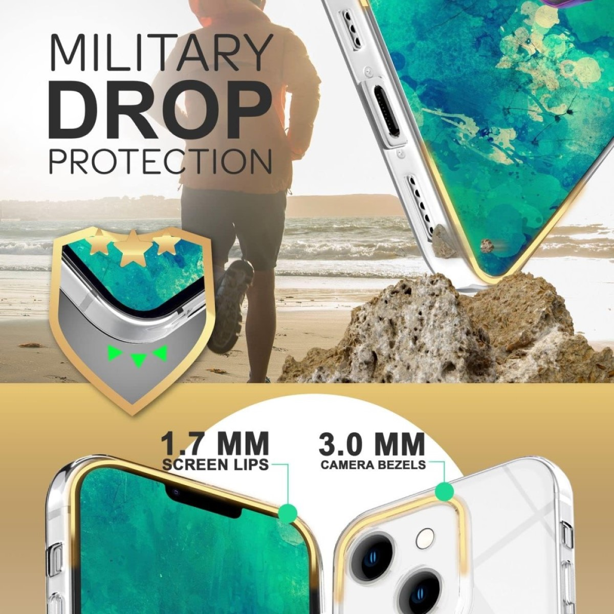 Telefonhülle mit Strandhintergrund, wirbt für militärischen Fallschutz, 1,7 mm Bildschirmränder und 3 mm Kameraränder.