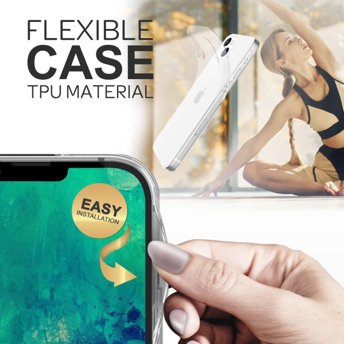 Ein Telefon mit einer transparenten Hülle. Im Hintergrund macht eine Frau eine Yoga-Pose.