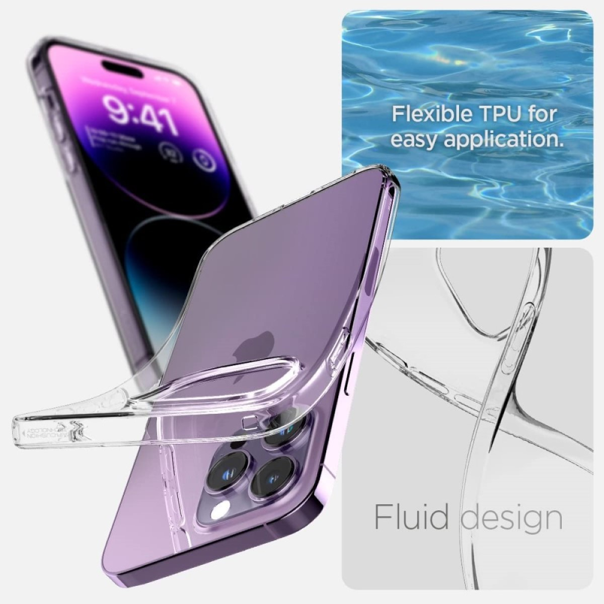 Lila Telefon in klarer Hülle, mit Text zur Flexibilität der Hülle.