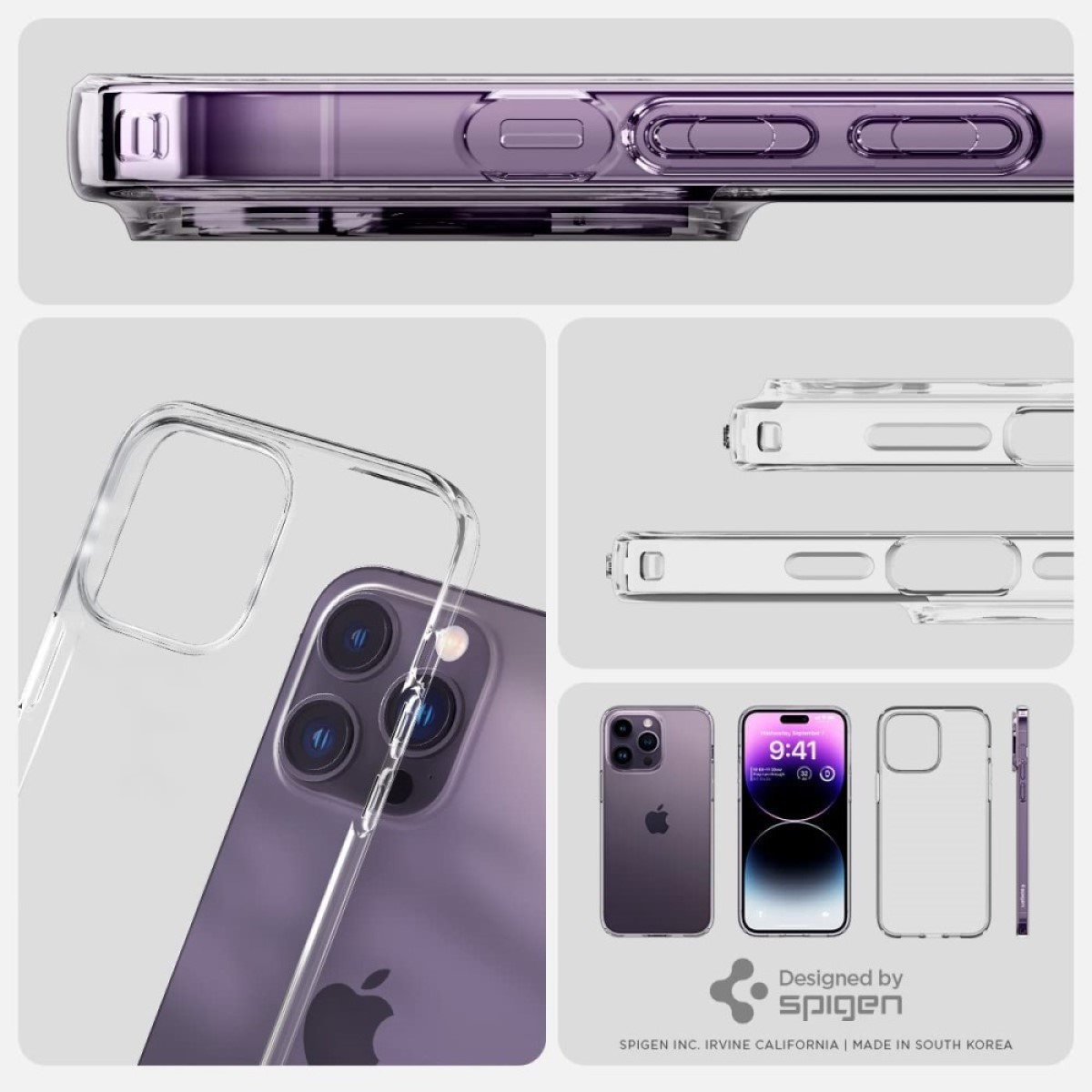 Transparente Handyhülle mit lila Telefon, Knöpfe und Kamera Details zeigend.