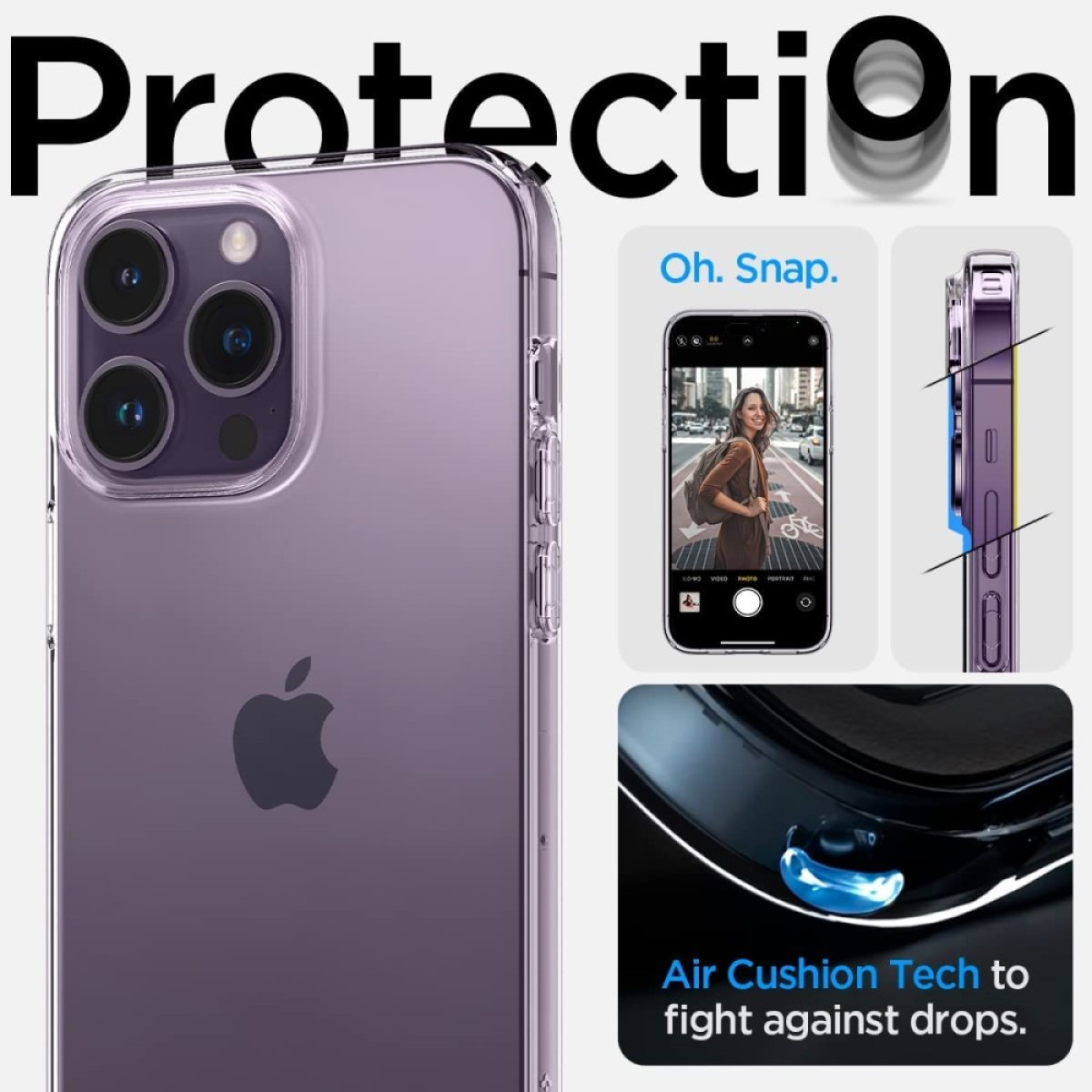 Ein iPhone in einer lila Schutzhülle. Nahaufnahmen zeigen das Design und die Funktionen der Hülle.