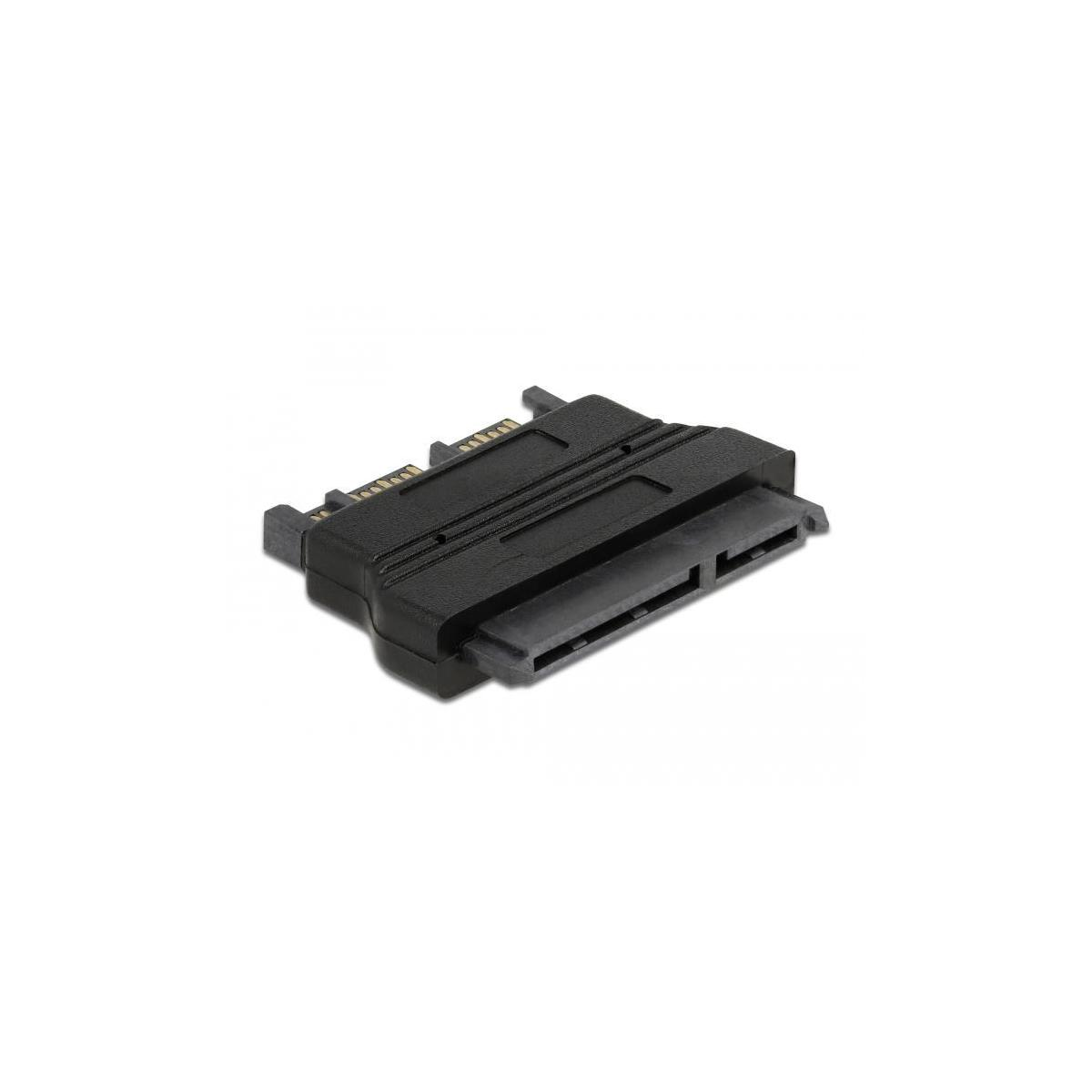 Un adattatore SATA nero per collegare dischi rigidi, su sfondo bianco.