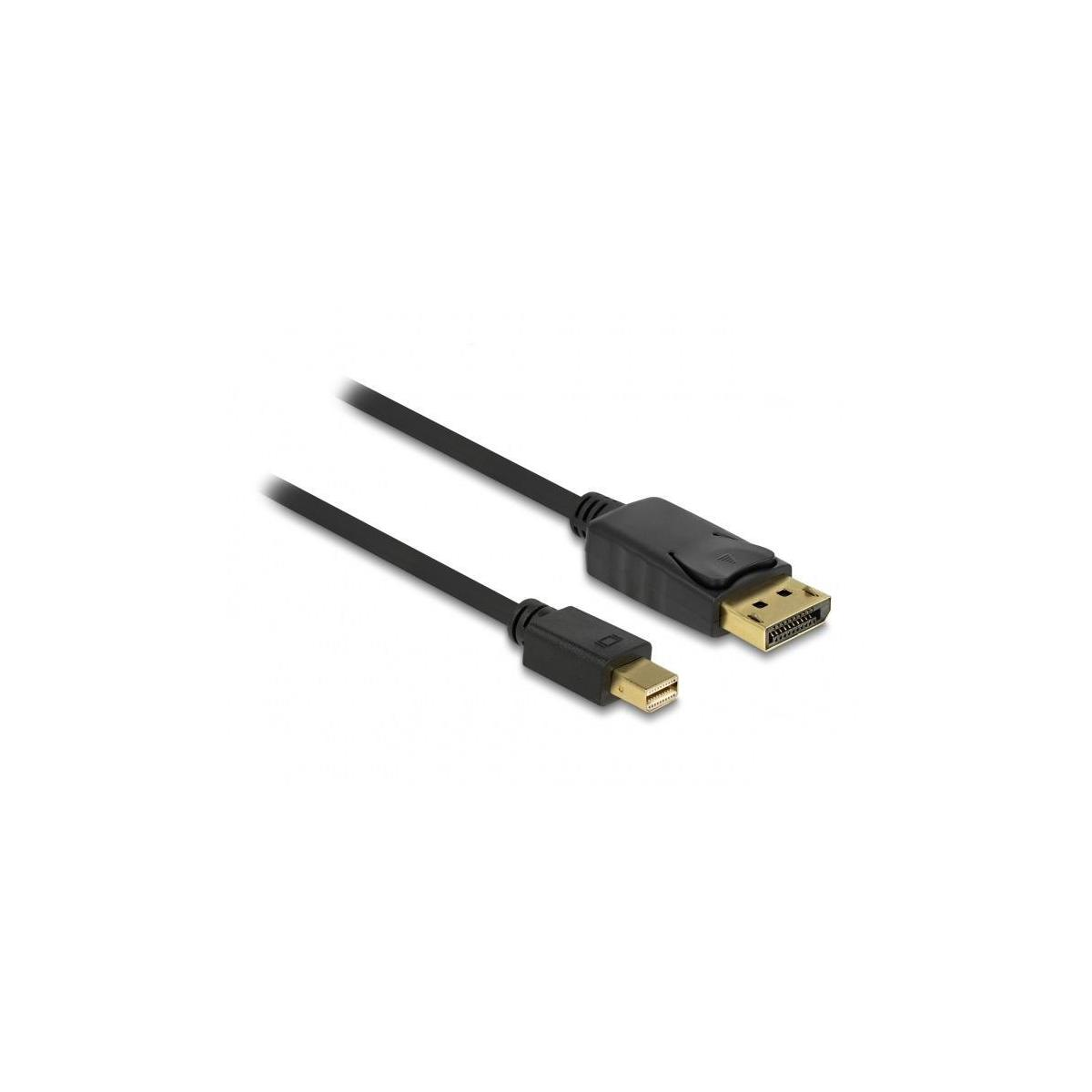 Een zwarte DisplayPort naar Mini DisplayPort kabel tegen een witte achtergrond.