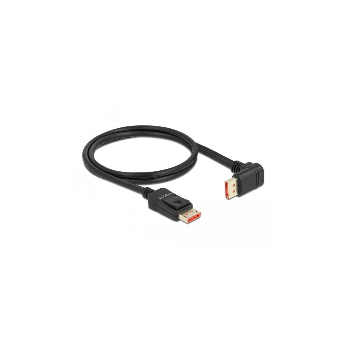 Schwarzes DisplayPort-Kabel mit roten Anschlüssen, isoliert auf weißem Grund.