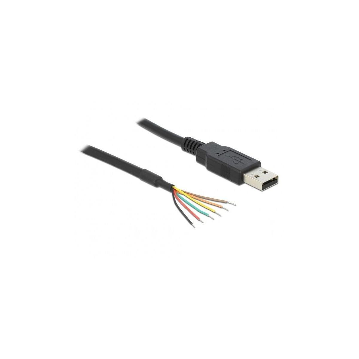 Ein schwarzes USB-Kabel mit freiliegenden Drähten an einem Ende. Der USB-Stecker ist sichtbar.