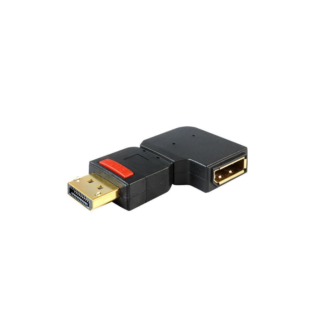 Adattatore nero con pulsante rosso e porte oro e USB su sfondo bianco.