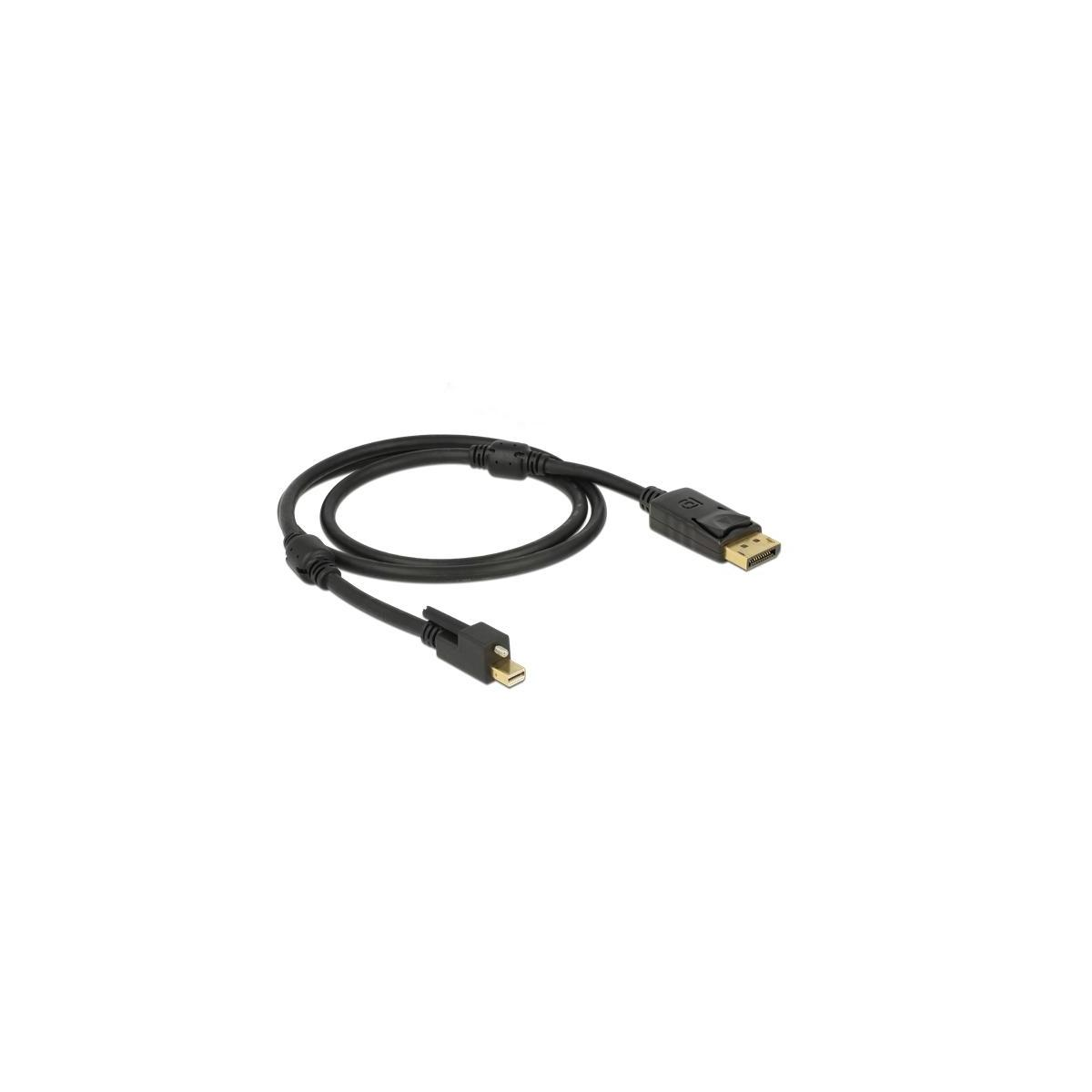 Schwarzes DisplayPort-zu-Mini-DisplayPort-Kabel auf weißem Hintergrund, geschlungen.
