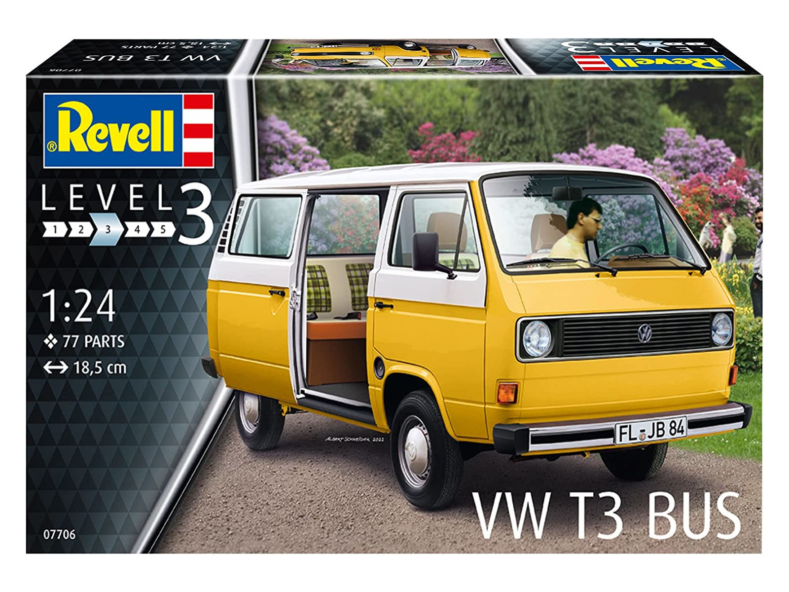 Een modelbouwpakketdoos van een gele en witte VW T3 bus. De doos toont een afbeelding van de bus.