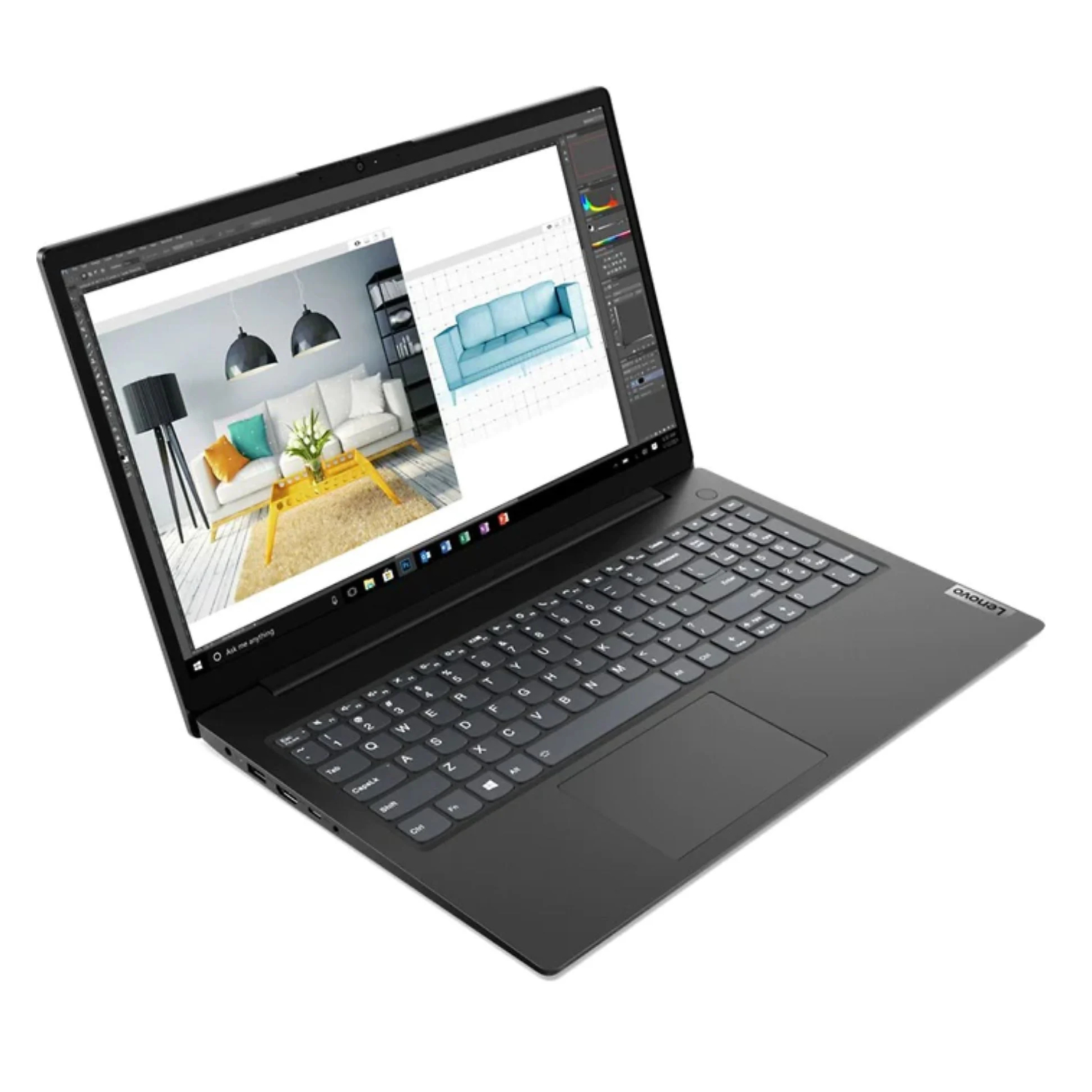 Schwarzer Lenovo Laptop mit Innenarchitektur-Bild, geöffnet auf weißer Oberfläche.