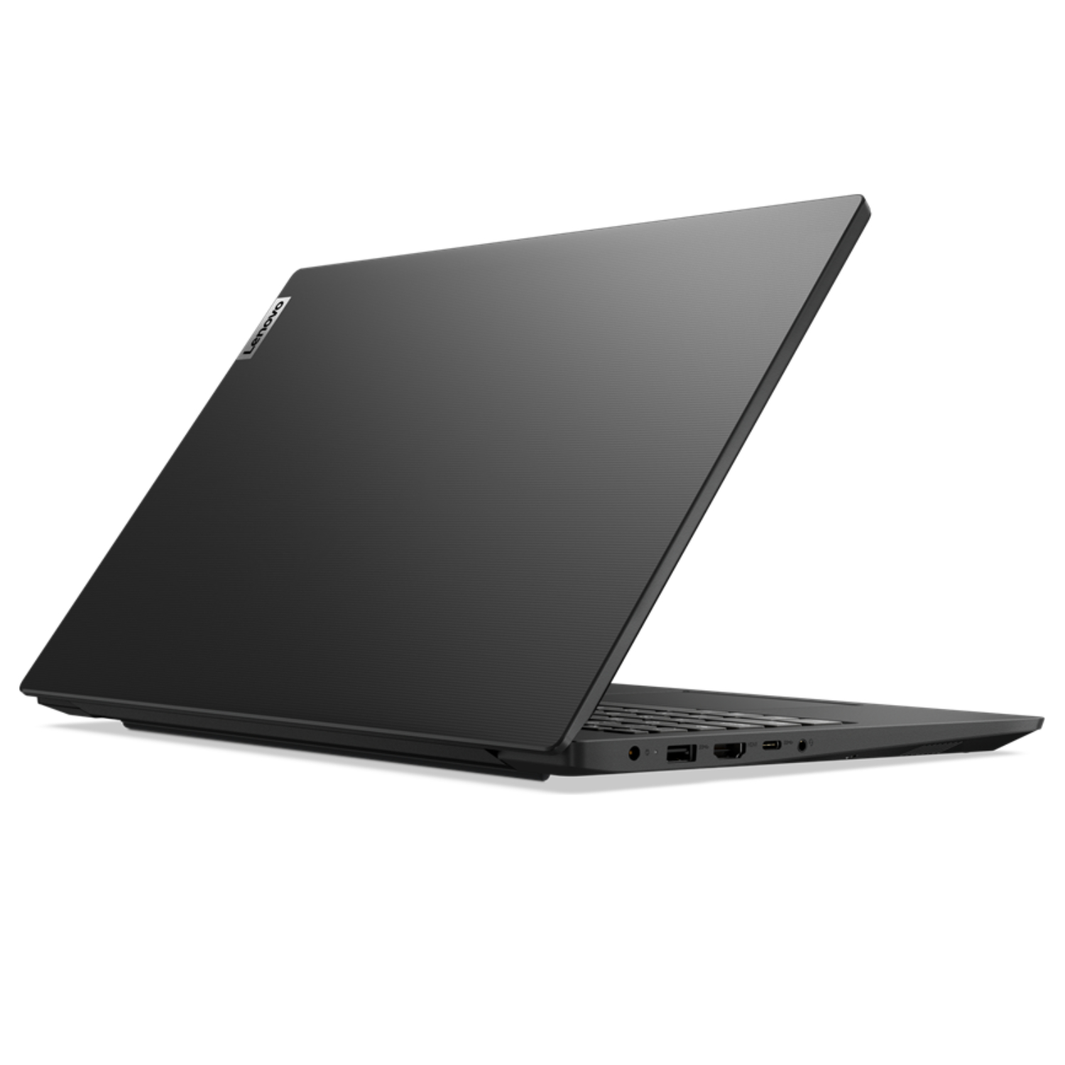 Schwarzer Lenovo-Laptop, in einem Winkel geöffnet, auf weißem Hintergrund.