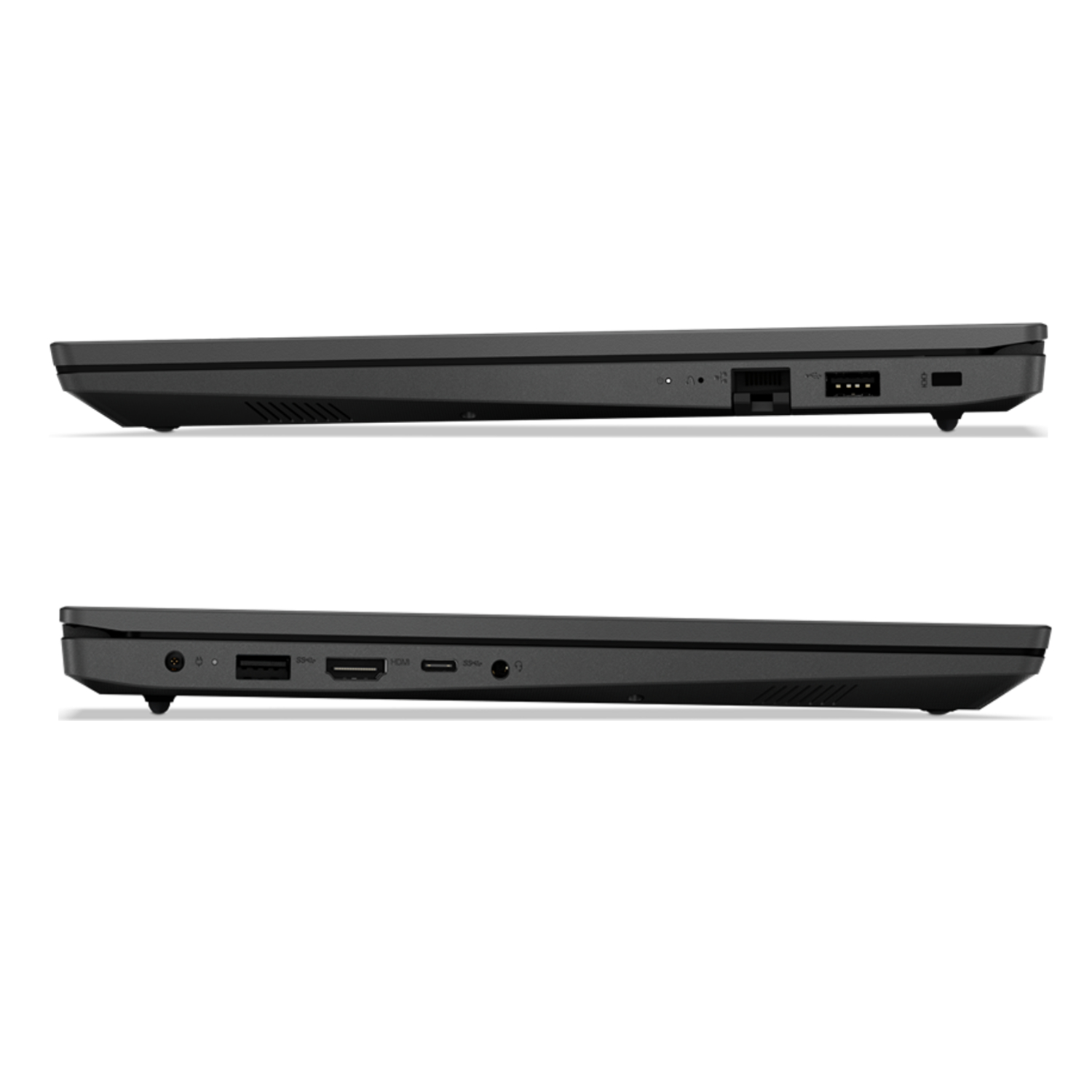 Zwei Laptops, Seitenansicht, schwarz. Oben Anschlüsse. Unten Anschlüsse. Weißer Hintergrund.
