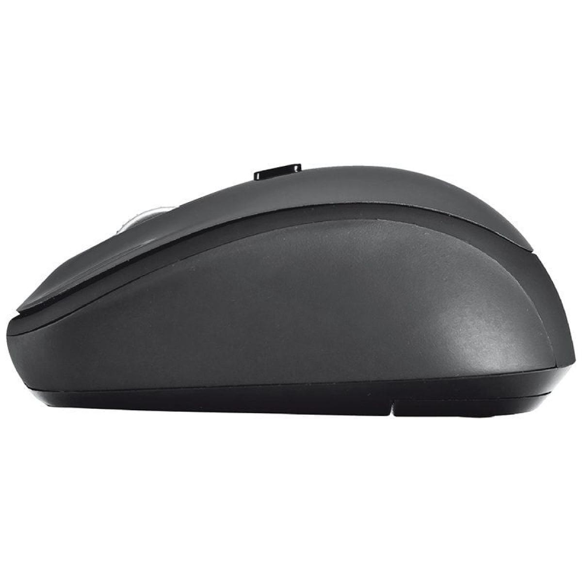 Un mouse per computer nero, vista laterale, con una rotella di scorrimento e un pulsante laterale, su sfondo bianco.