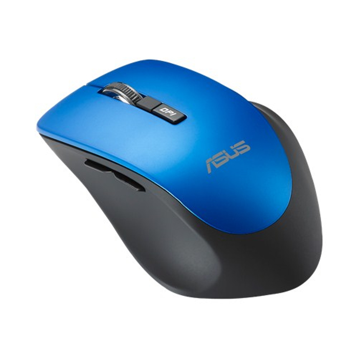 Eine blau-schwarze ASUS-Maus mit Scrollrad und ASUS-Logo auf weißem Hintergrund.