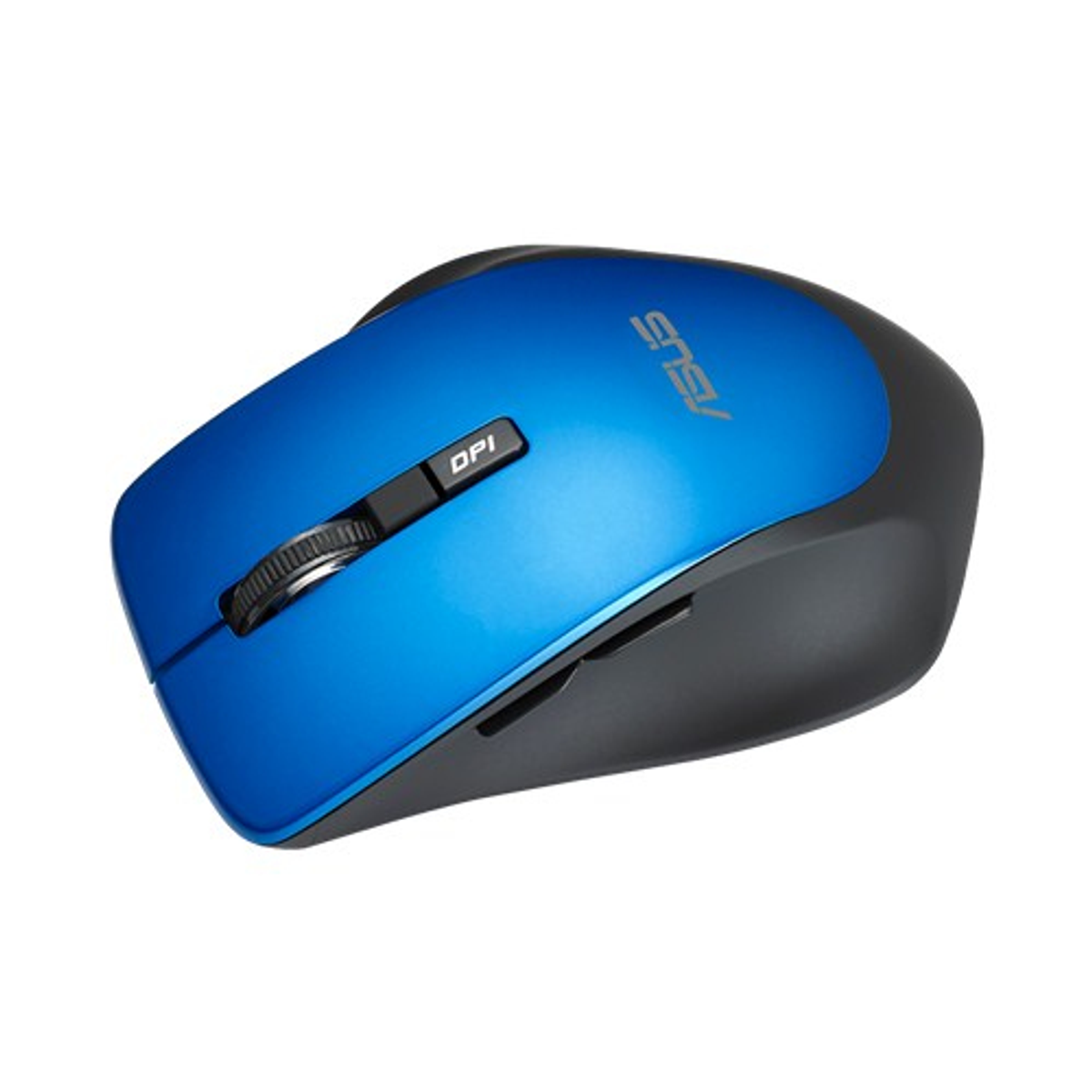 Blaue und graue ASUS-Funkmaus, schräge Ansicht. Hat Scrollrad und DPI-Taste. Isoliert auf weißem Hintergrund.