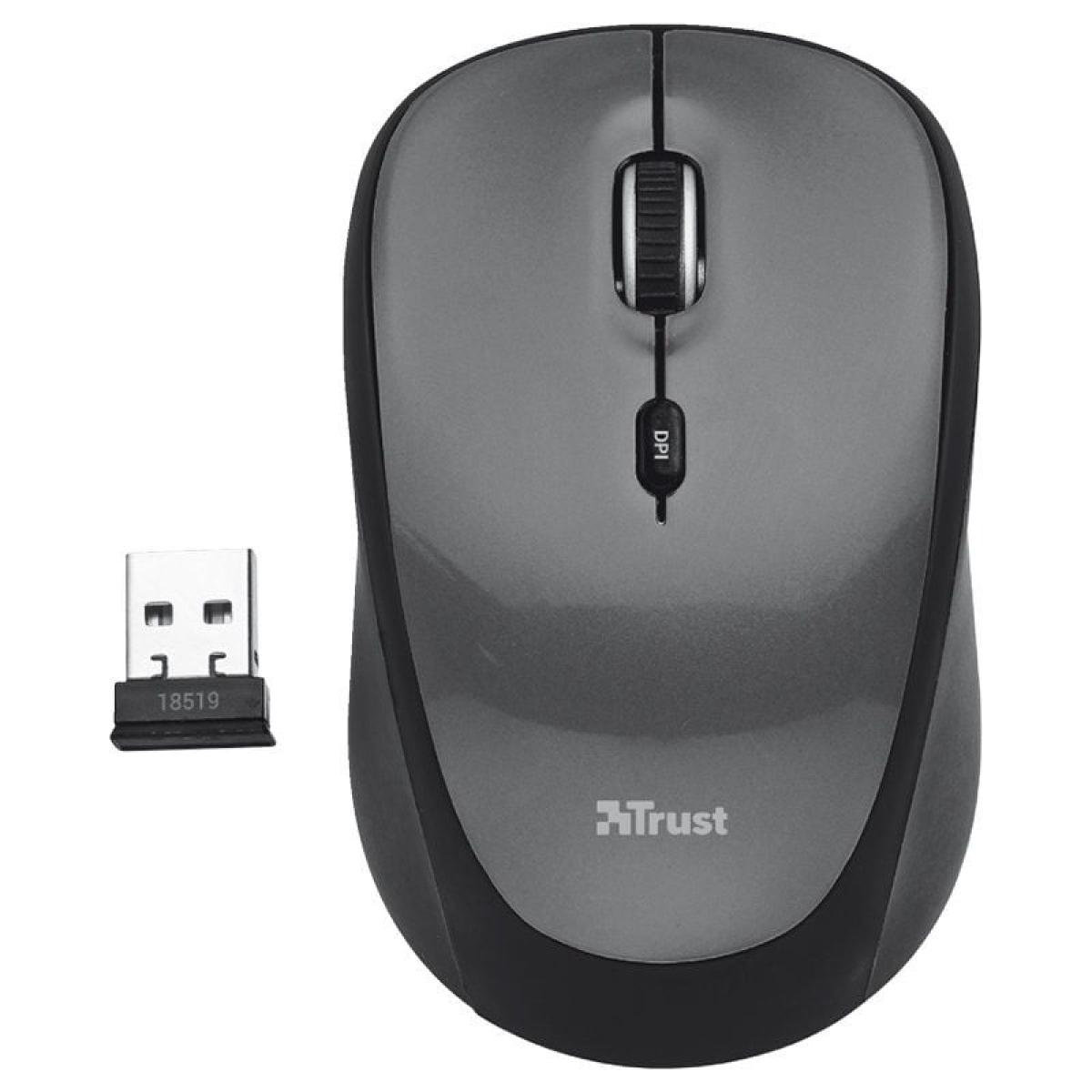 Mouse wireless grigio con dettagli neri e un ricevitore USB. Il mouse ha un pulsante DPI.