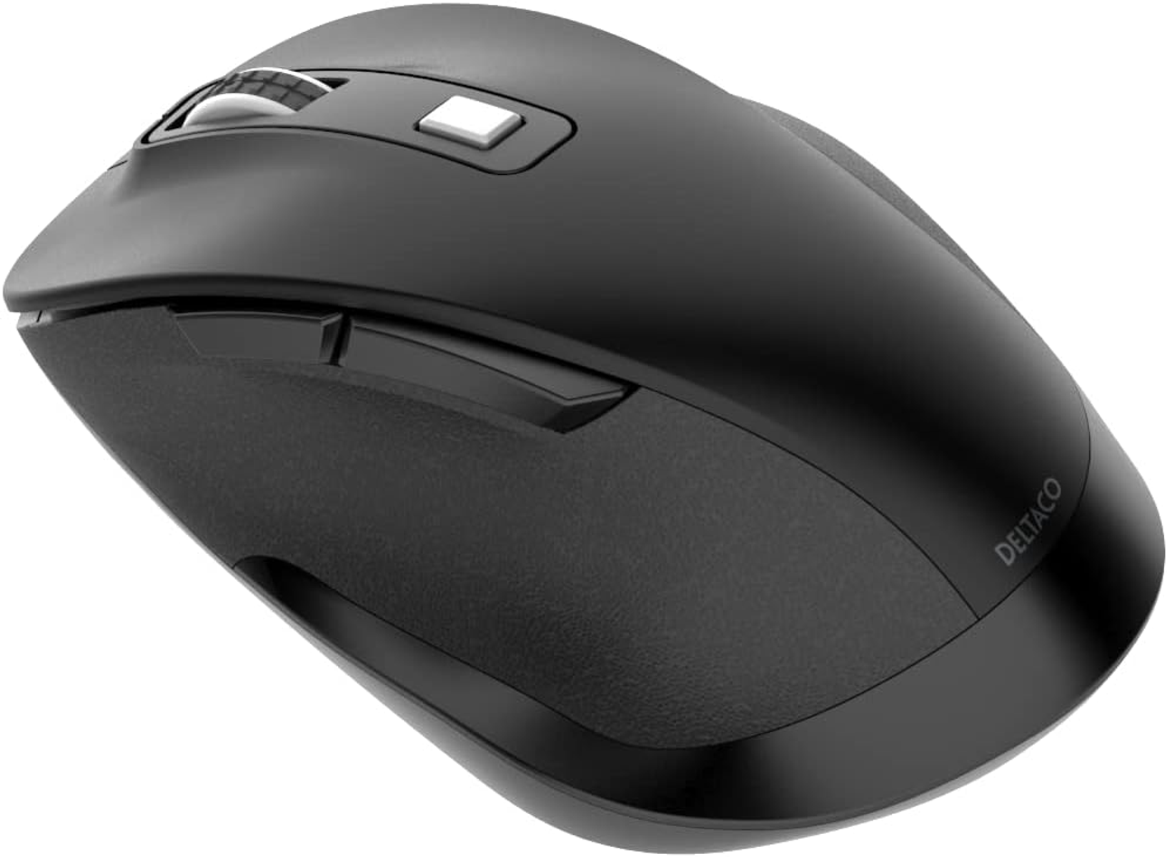 Zwarte draadloze muis. Voorzien van een scrollwiel, knoppen en een gebogen ontwerp.