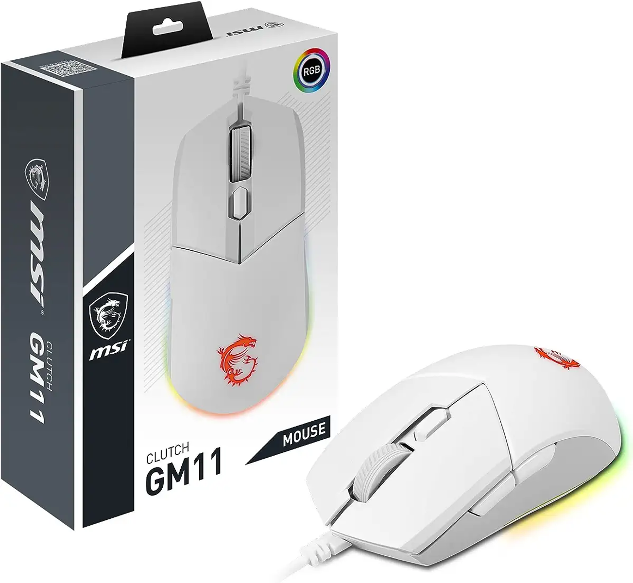 Mouse gaming bianco MSI Clutch GM11 con scatola e luce RGB.
