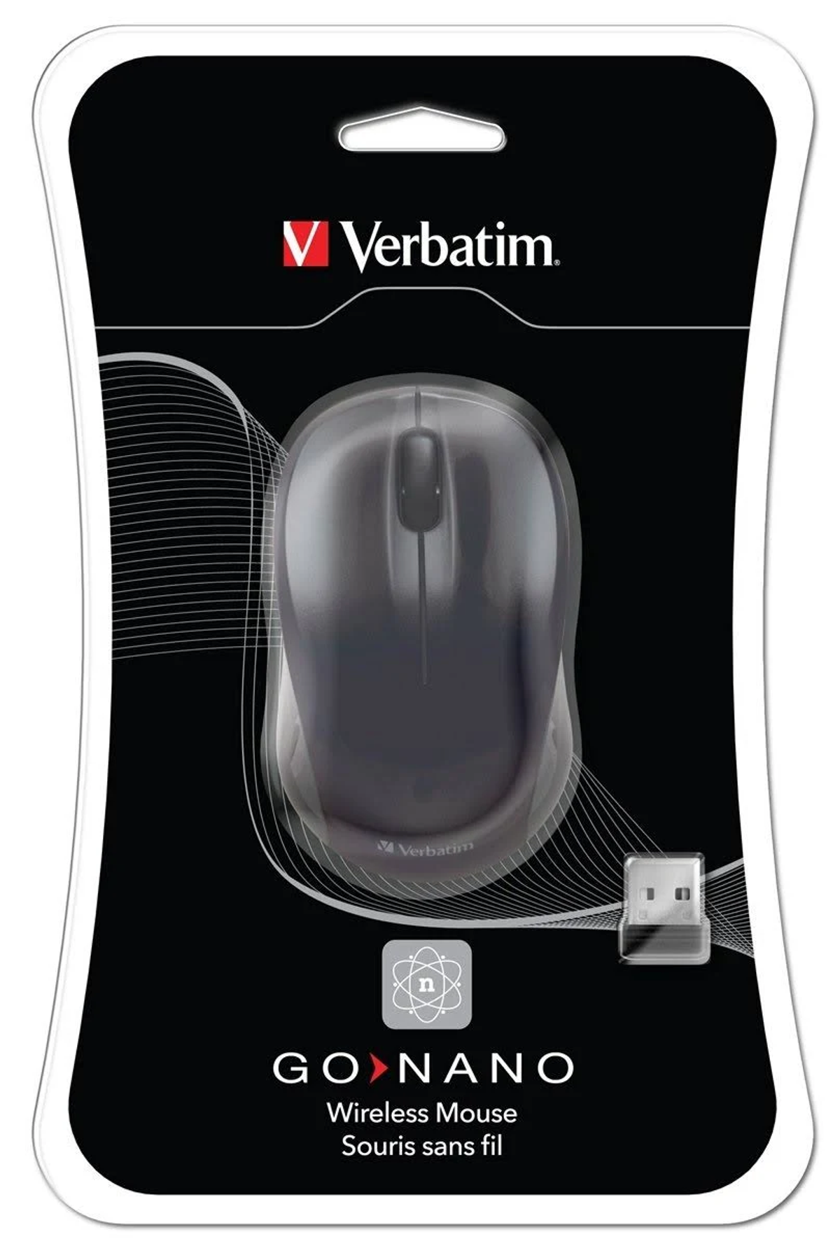 Mysz bezprzewodowa Verbatim w czarnym i przezroczystym opakowaniu z tworzywa sztucznego.