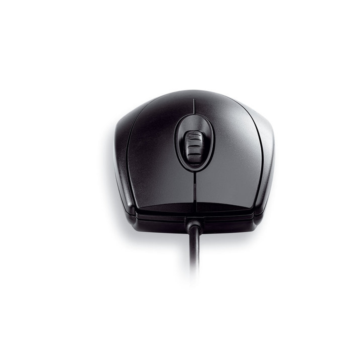 Souris d'ordinateur noire avec molette et cordon, sur fond blanc.
