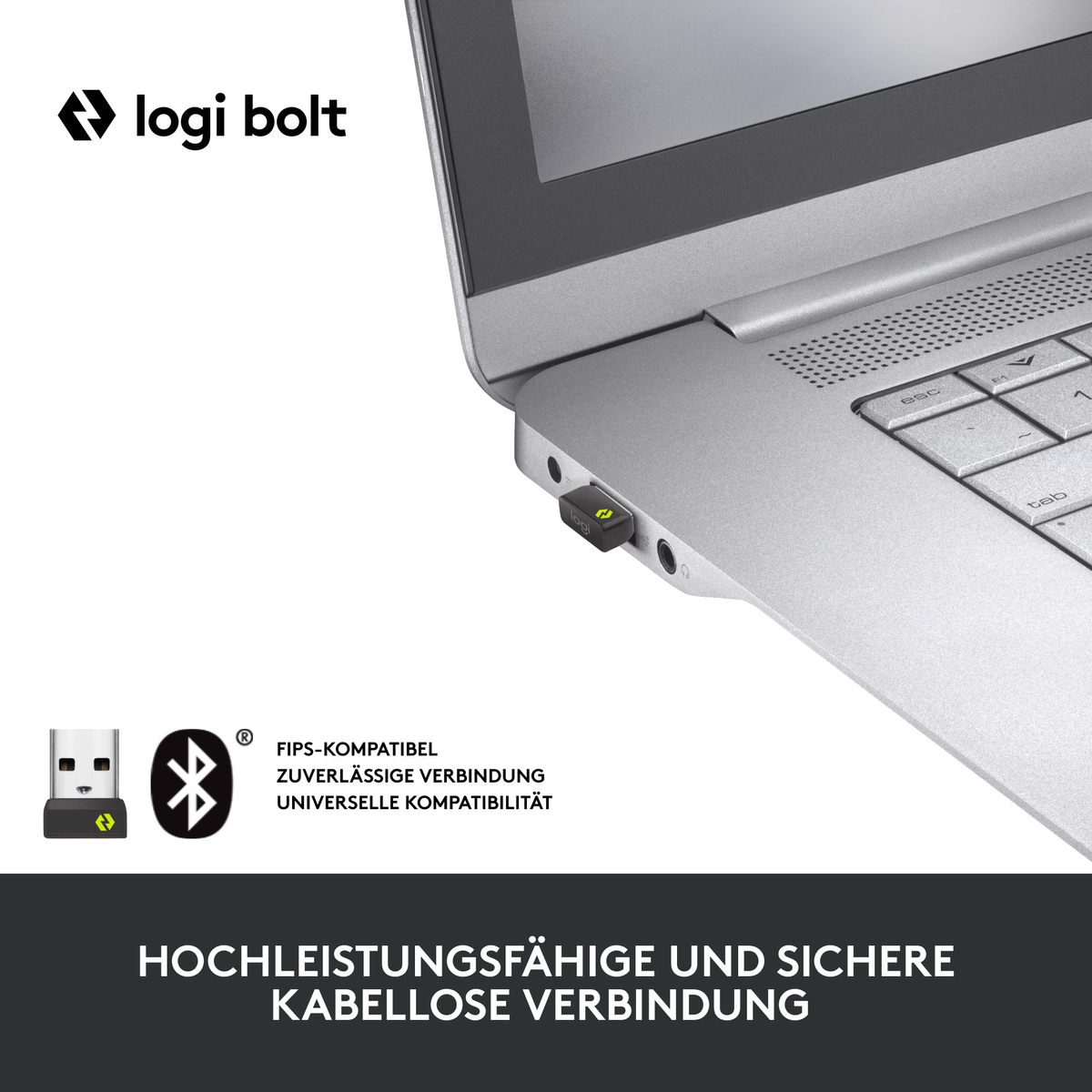 Dongle USB con el logotipo de Logi Bolt. Texto en la esquina inferior izquierda.