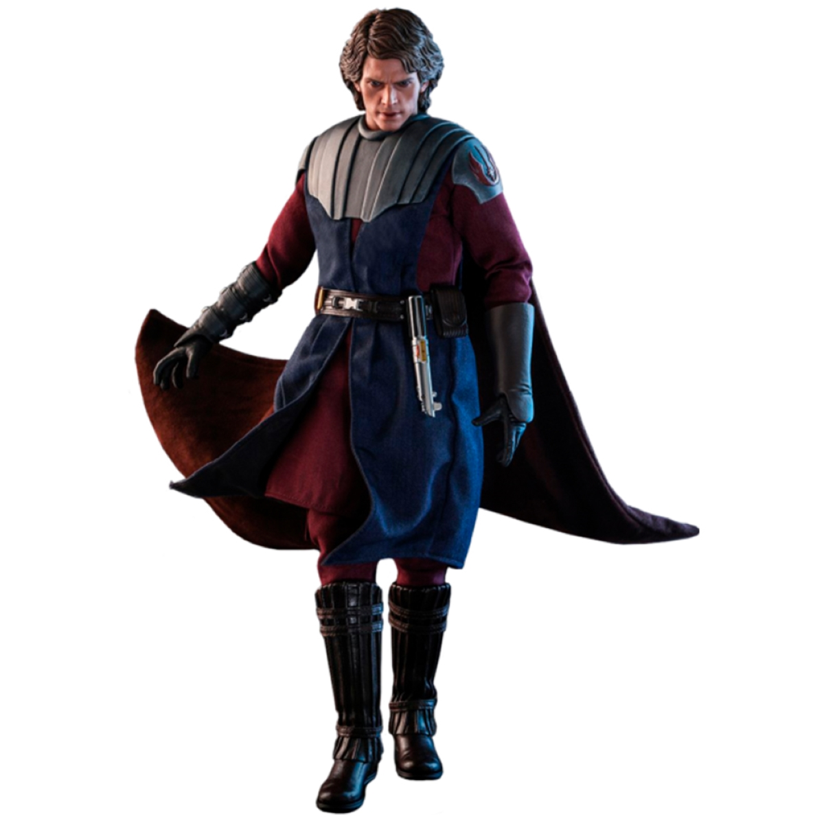Actionfigur eines Mannes in einem Kostüm. Weißer Hintergrund.