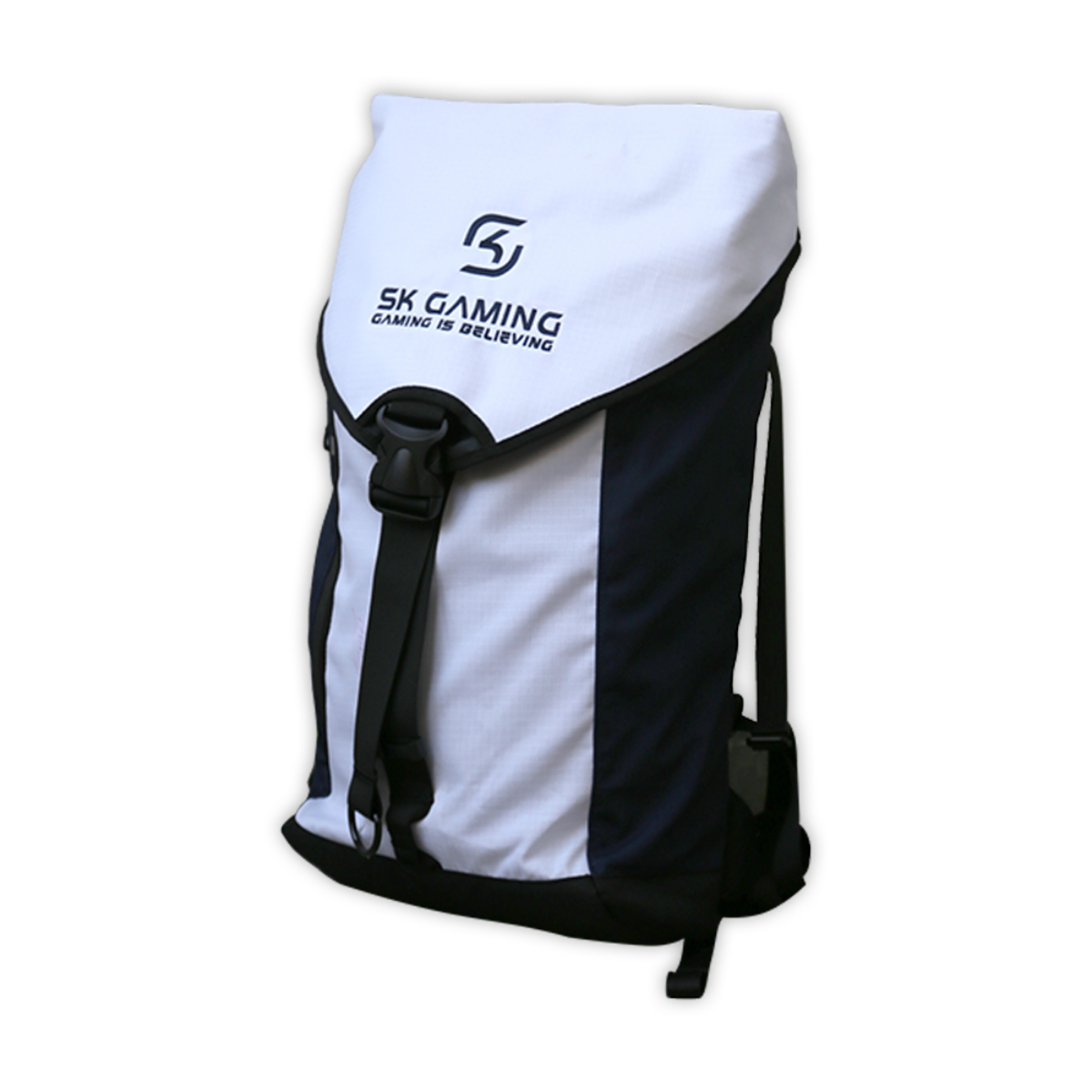 Weiß-marineblauer Rucksack mit den Worten 'SK GAMING' und einem Logo darauf.