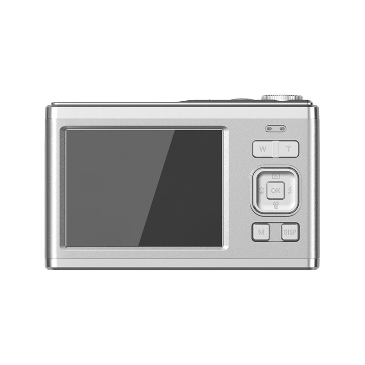 Eine silberne Digitalkamera mit schwarzem Bildschirm und Knöpfen.