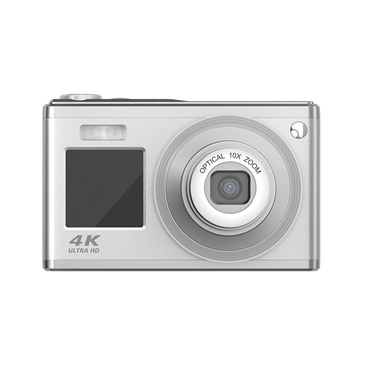 Silberne Digitalkamera. Verfügt über ein Objektiv mit optischem Zoom, ein 4K Ultra HD-Etikett und einen Bildschirm.