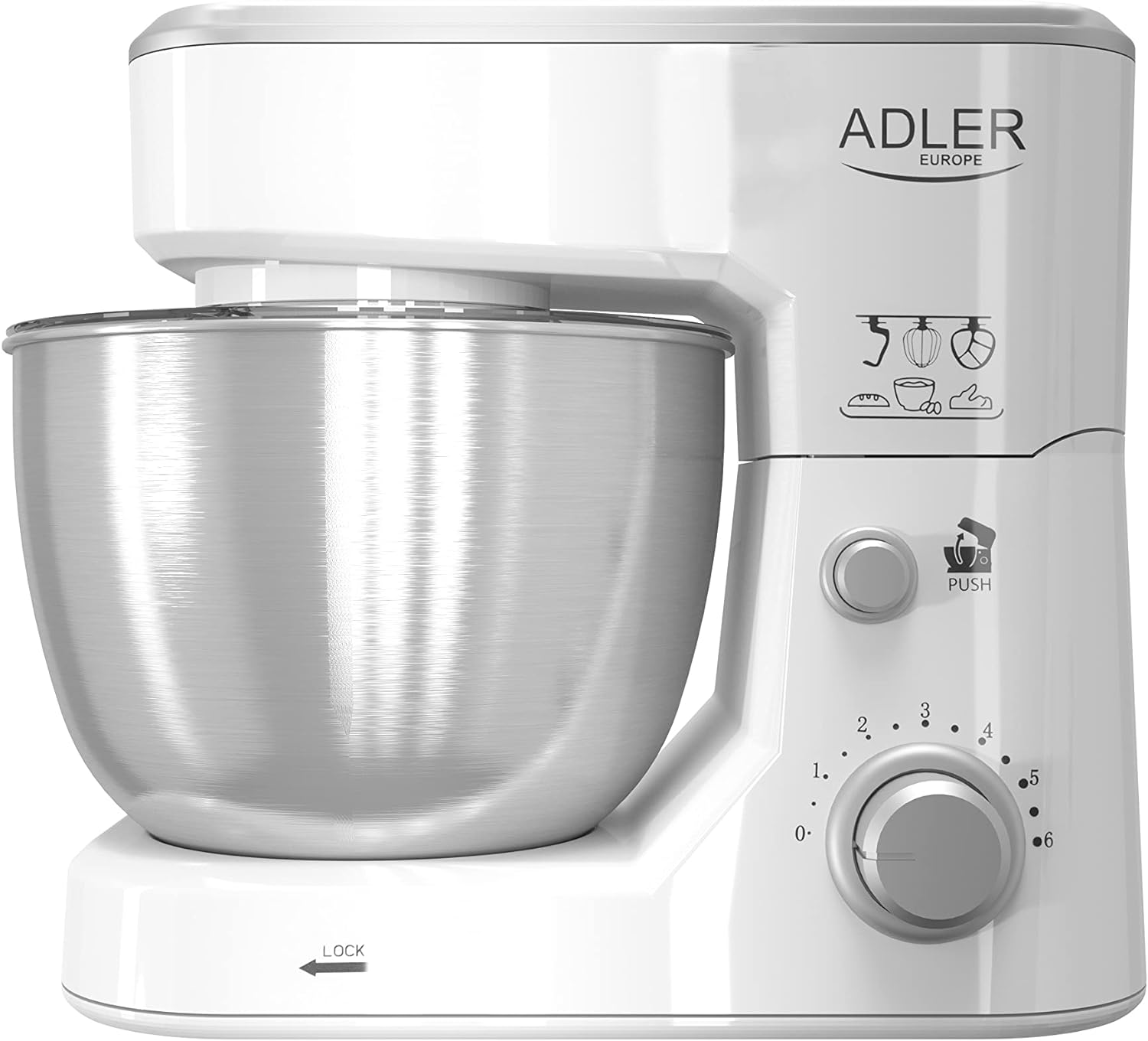 Weißer Küchenmixer mit silberner Schüssel und weißem Oberteil, Marke ADLER.
