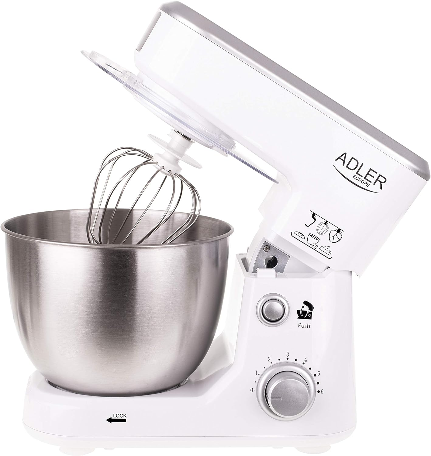 Weißer Küchenmixer mit Edelstahl-Schüssel, schräge Ansicht.