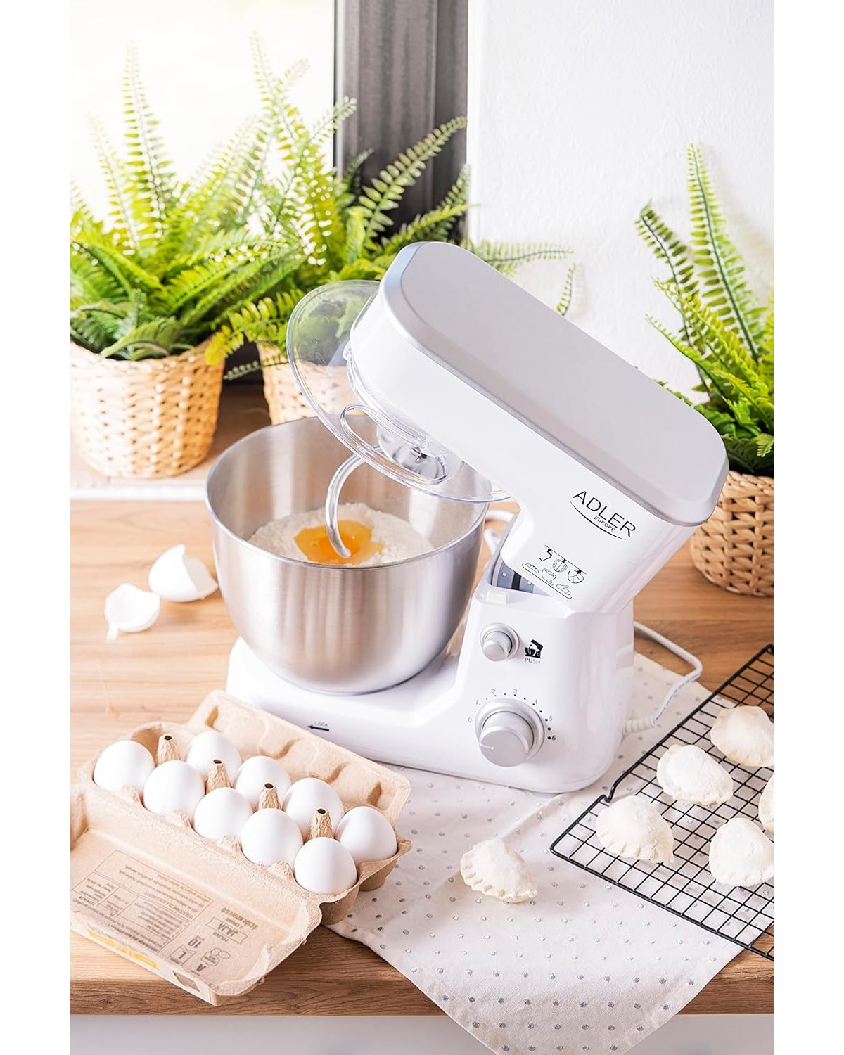 Weißer Küchenmixer mit Zutaten und Eierkarton auf einem Tisch, in der Nähe von Pflanzen.