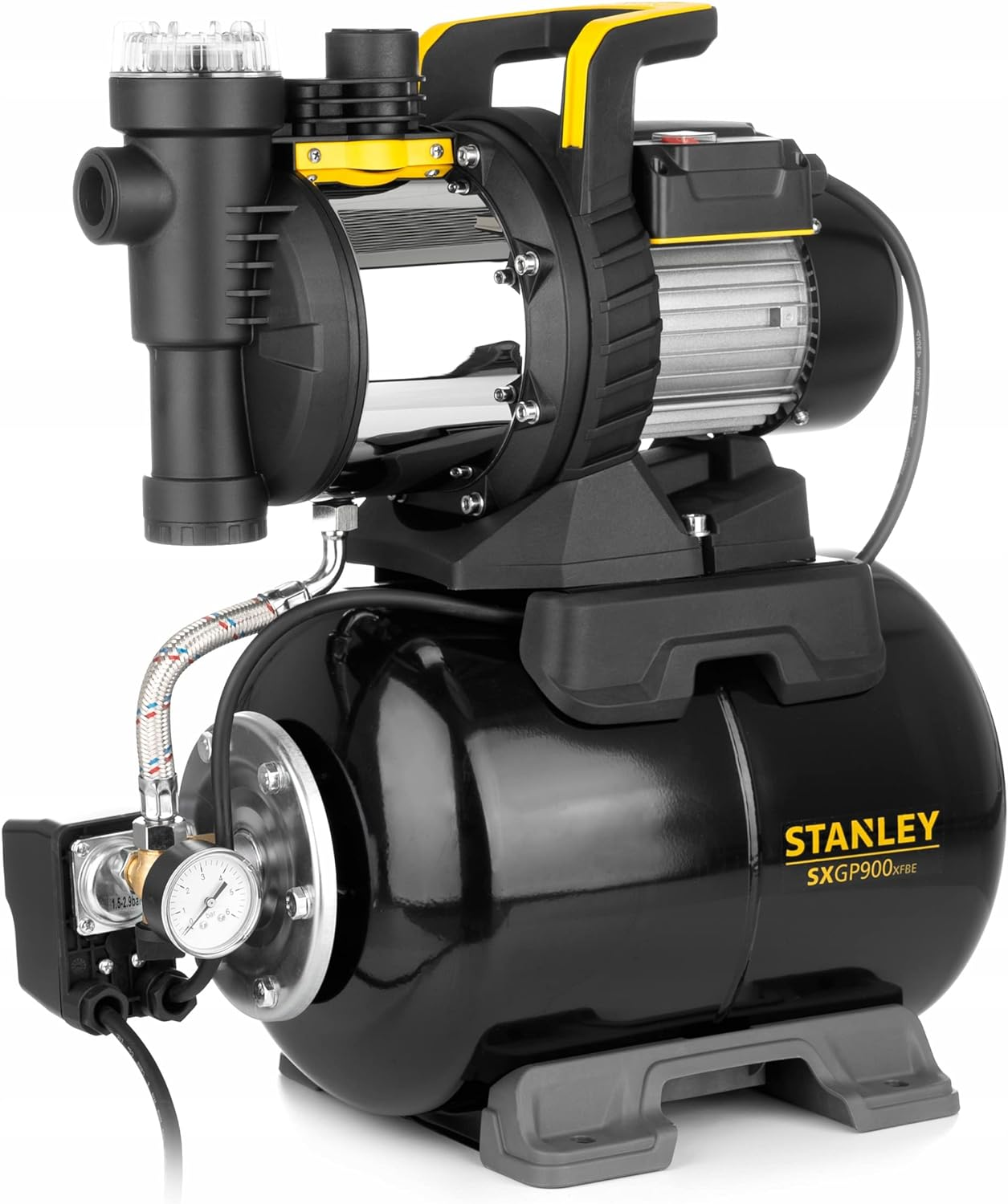 Schwarze und silberne Stanley-Pumpe. Sie hat einen schwarzen Tank, einen gelben Griff und ein Messgerät.
