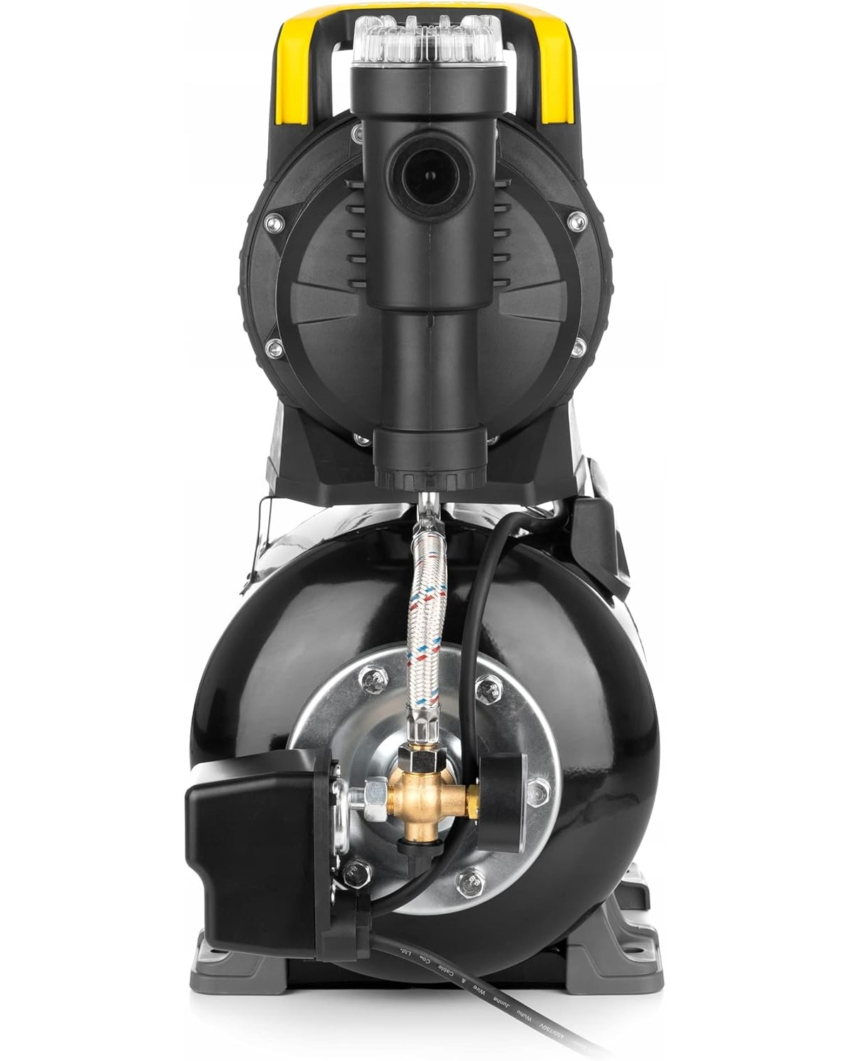 Schwarze Wasserpumpe mit gelbem Deckel. Die Pumpe hat mehrere Metallarmaturen und einen Schlauch.