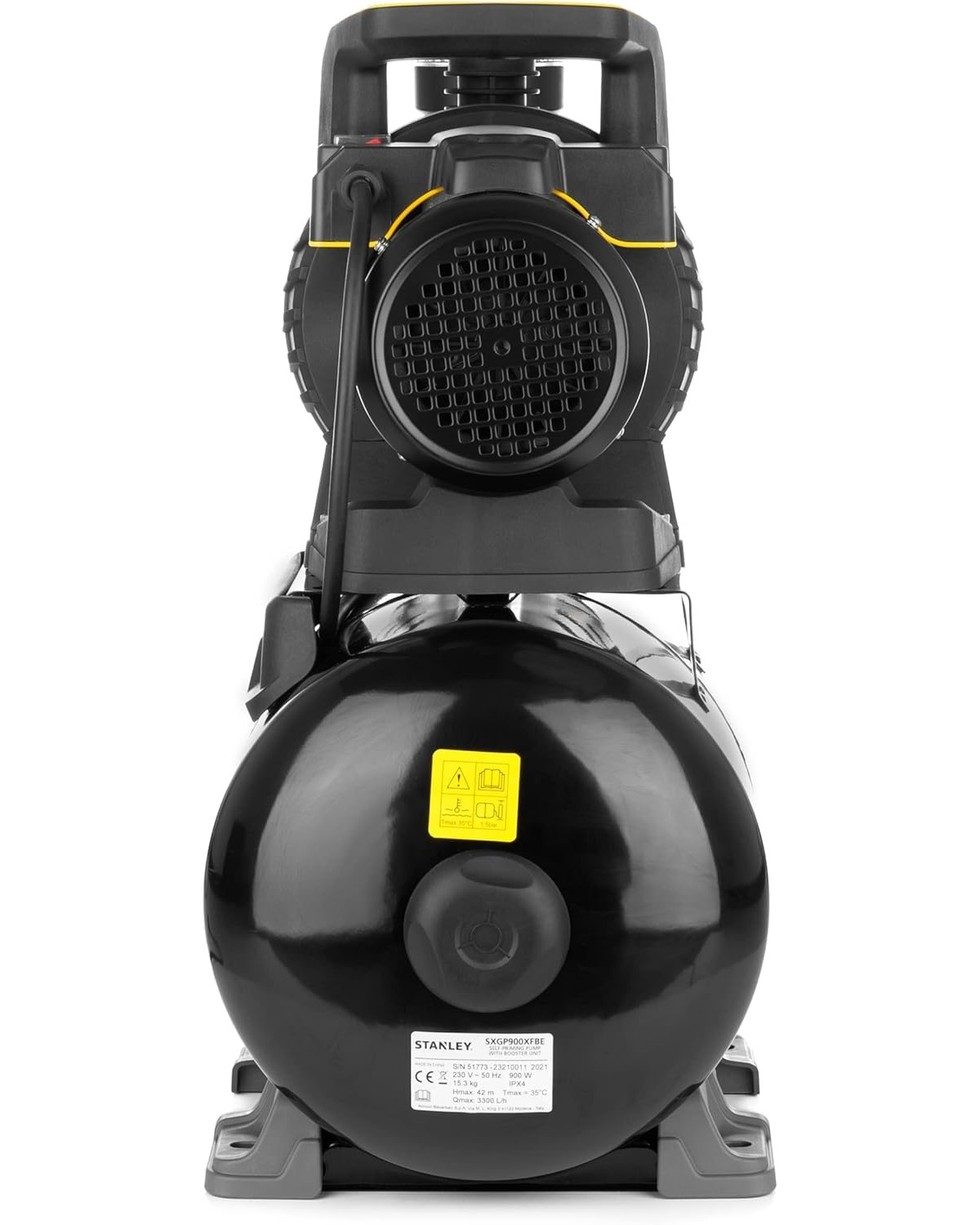 Schwarz-gelbe Wasserpumpe. Zylindrischer Körper, Obermotor und Basis. Technische Details sichtbar.