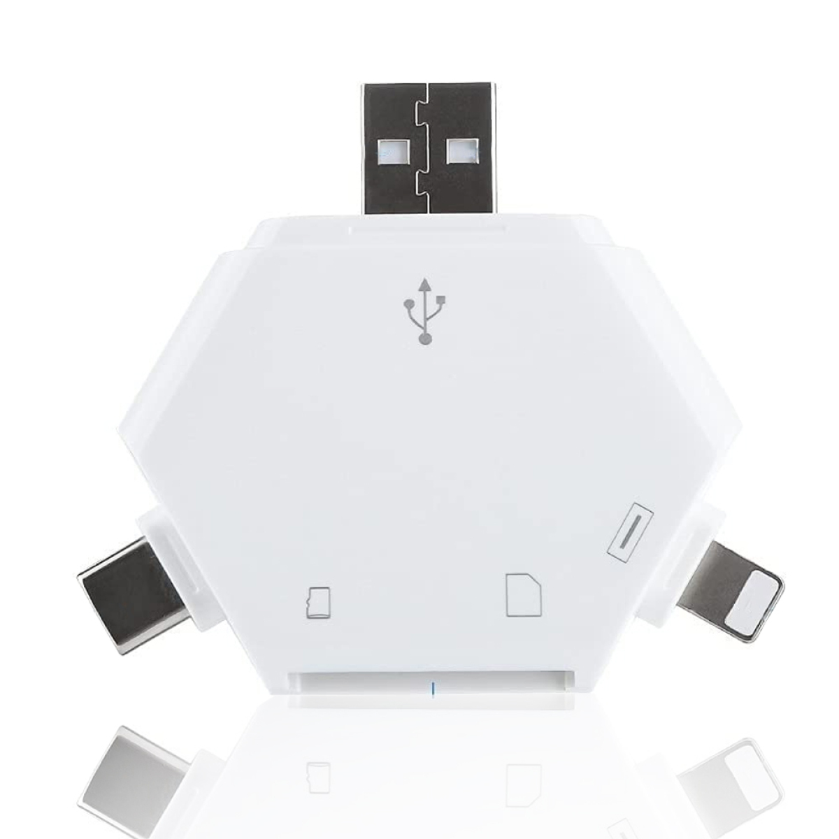 Weißer Multiport-Adapter mit USB-, Lightning- und SD-Karten-Anschlüssen. Sechseckige Form.