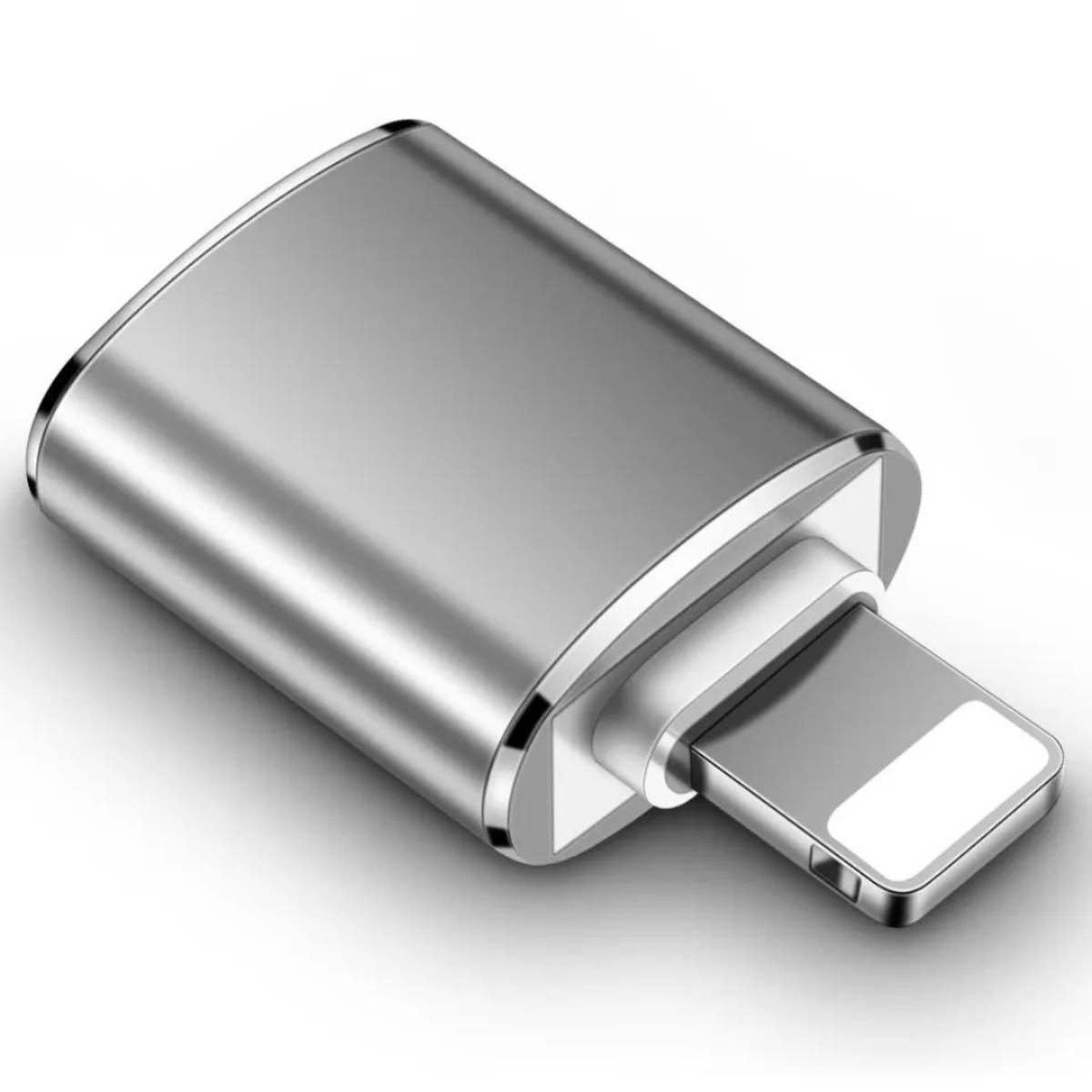 Silberner, rechteckiger Adapter mit weißem Stecker und Lightning-Anschluss.