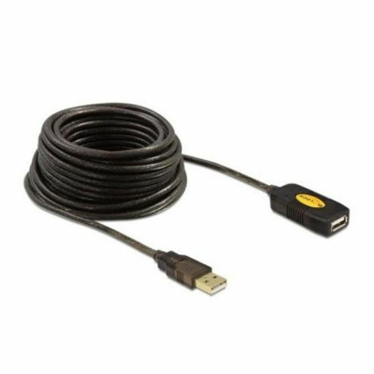 Schwarzes USB-Kabel, aufgerollt, mit Anschlüssen an jedem Ende. Ein Ende hat USB-A und das andere einen USB-Buchsenanschluss.