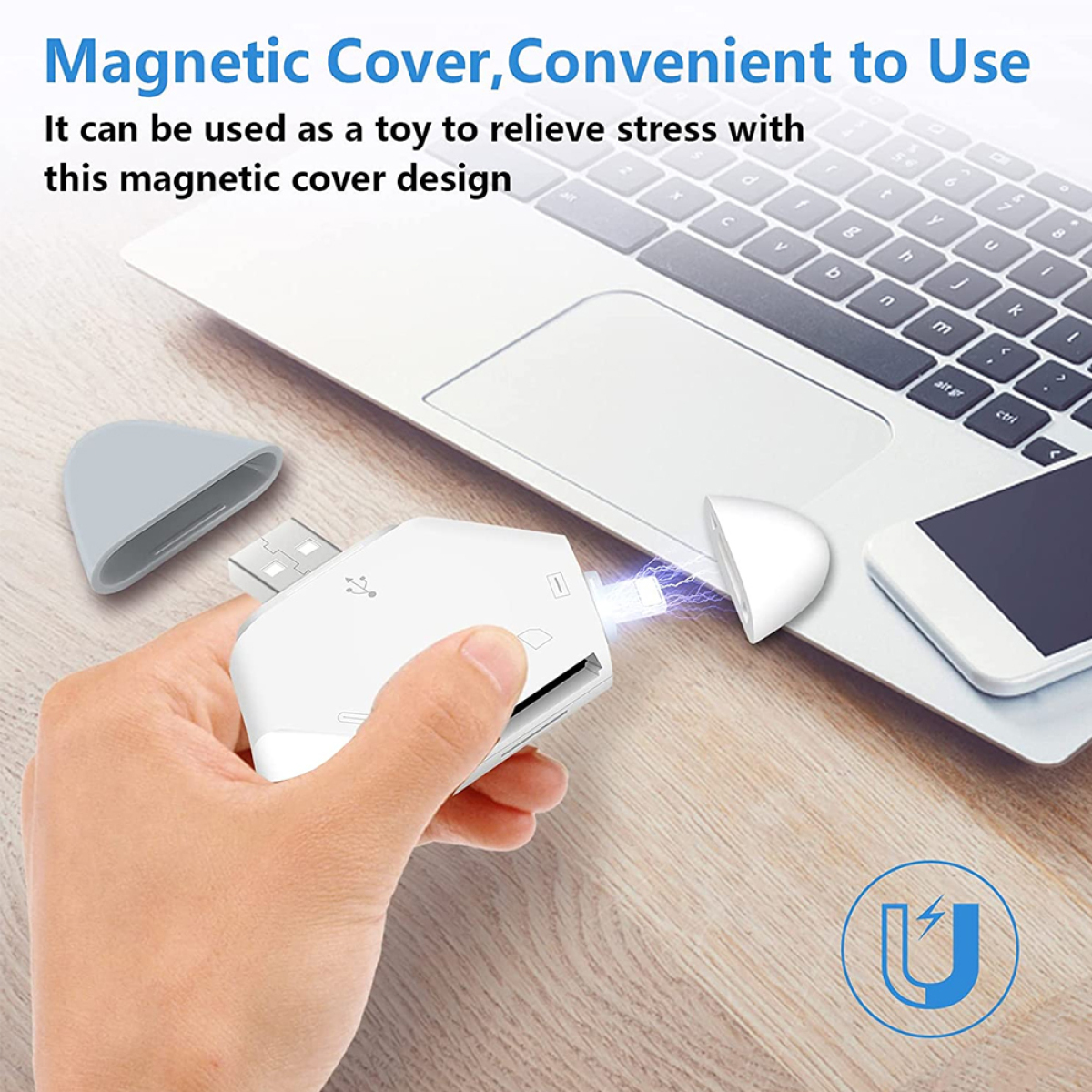 Weißer Kartenleser. Hand hält, magnetische Abdeckung. USB-Anschluss.