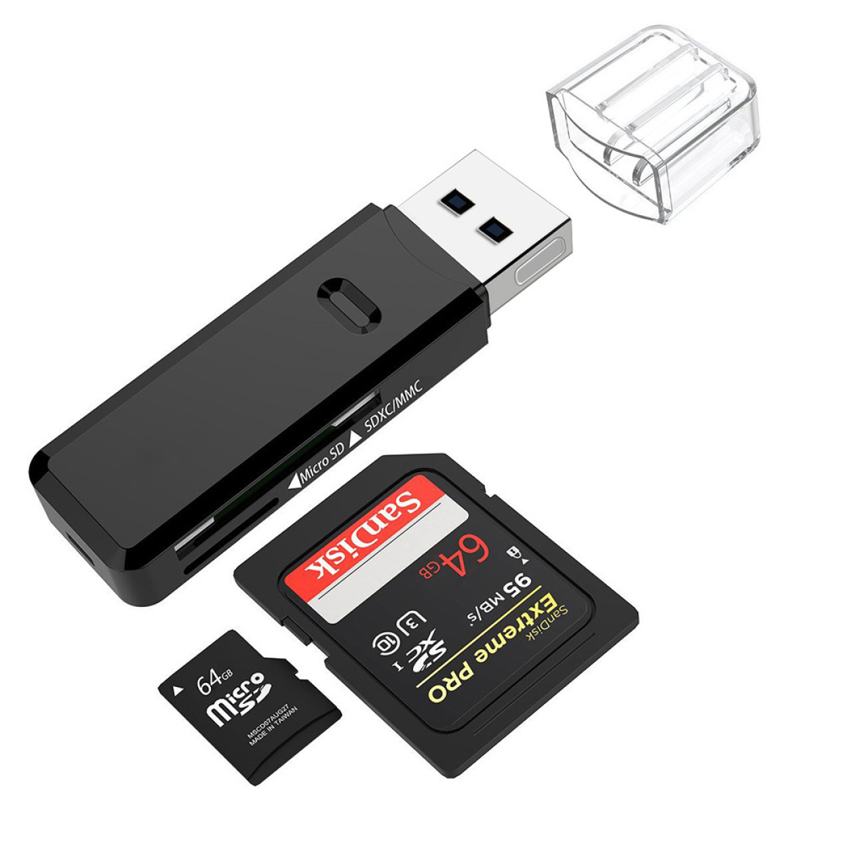 Schwarzes Kartenlesegerät mit USB-Anschluss, SD-Karte, microSD-Karte und einer transparenten Hülle.