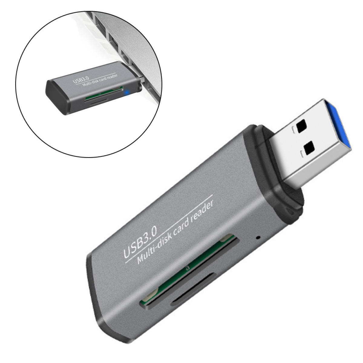 Ein USB 3.0 Multi-Disk-Kartenleser ist in einen Laptop eingesteckt. Der Leser ist grau und schwarz.