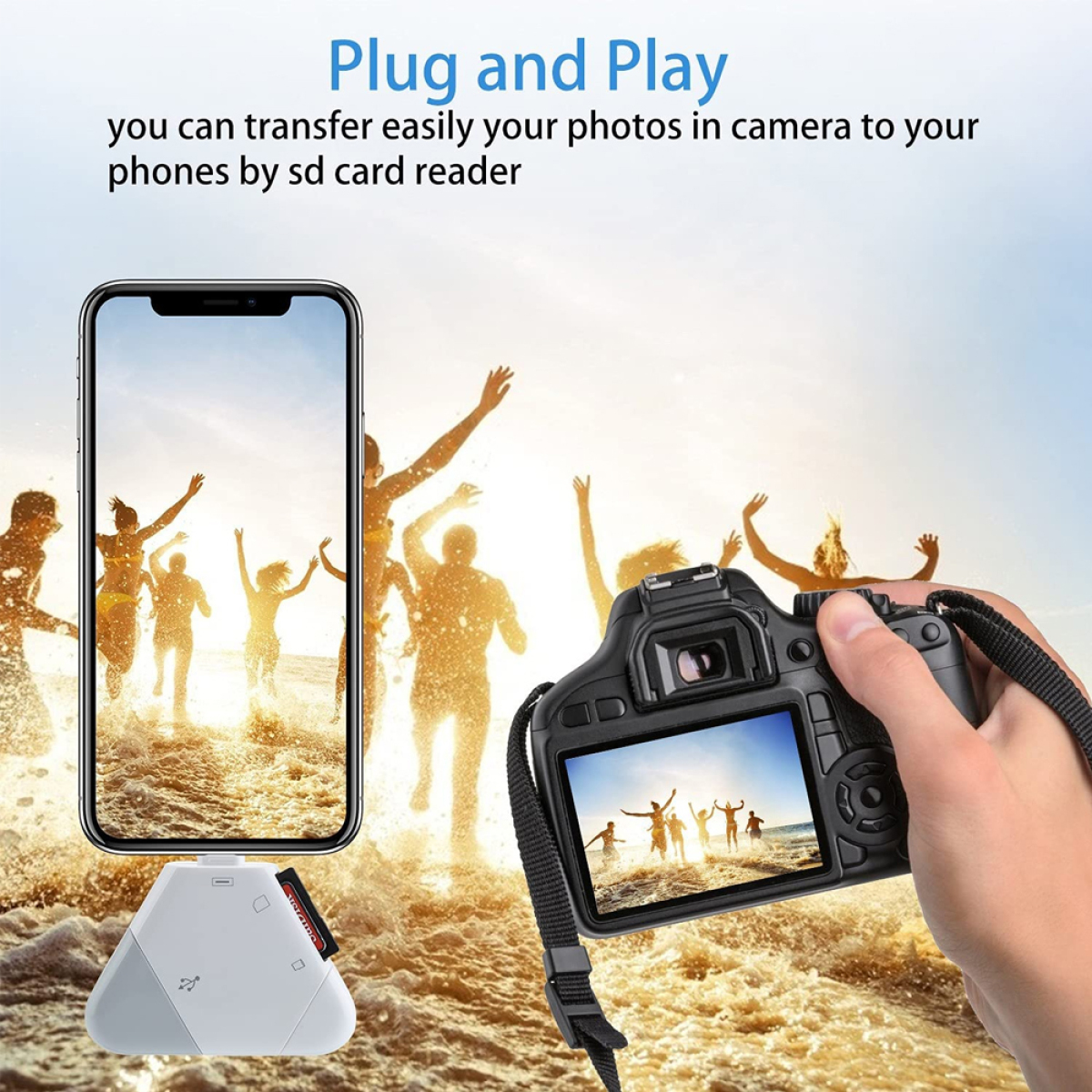 Menschen am Strand werden auf einem Telefon und einer Kamera abgebildet.