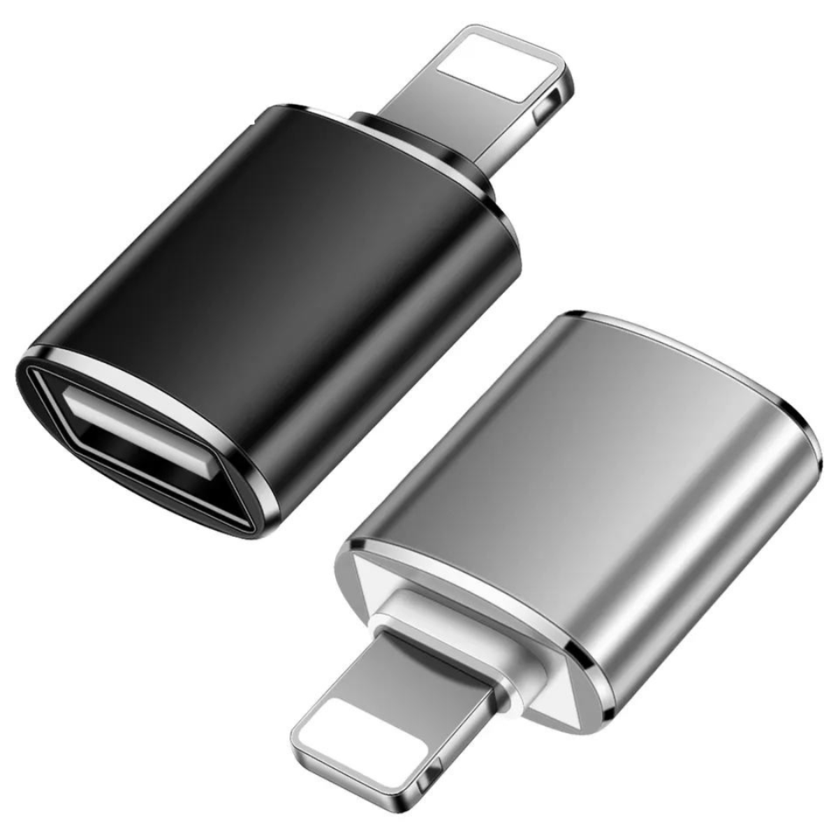 Zwei USB-Adapter, einer schwarz und einer silber, beide mit Lightning-Anschluss.