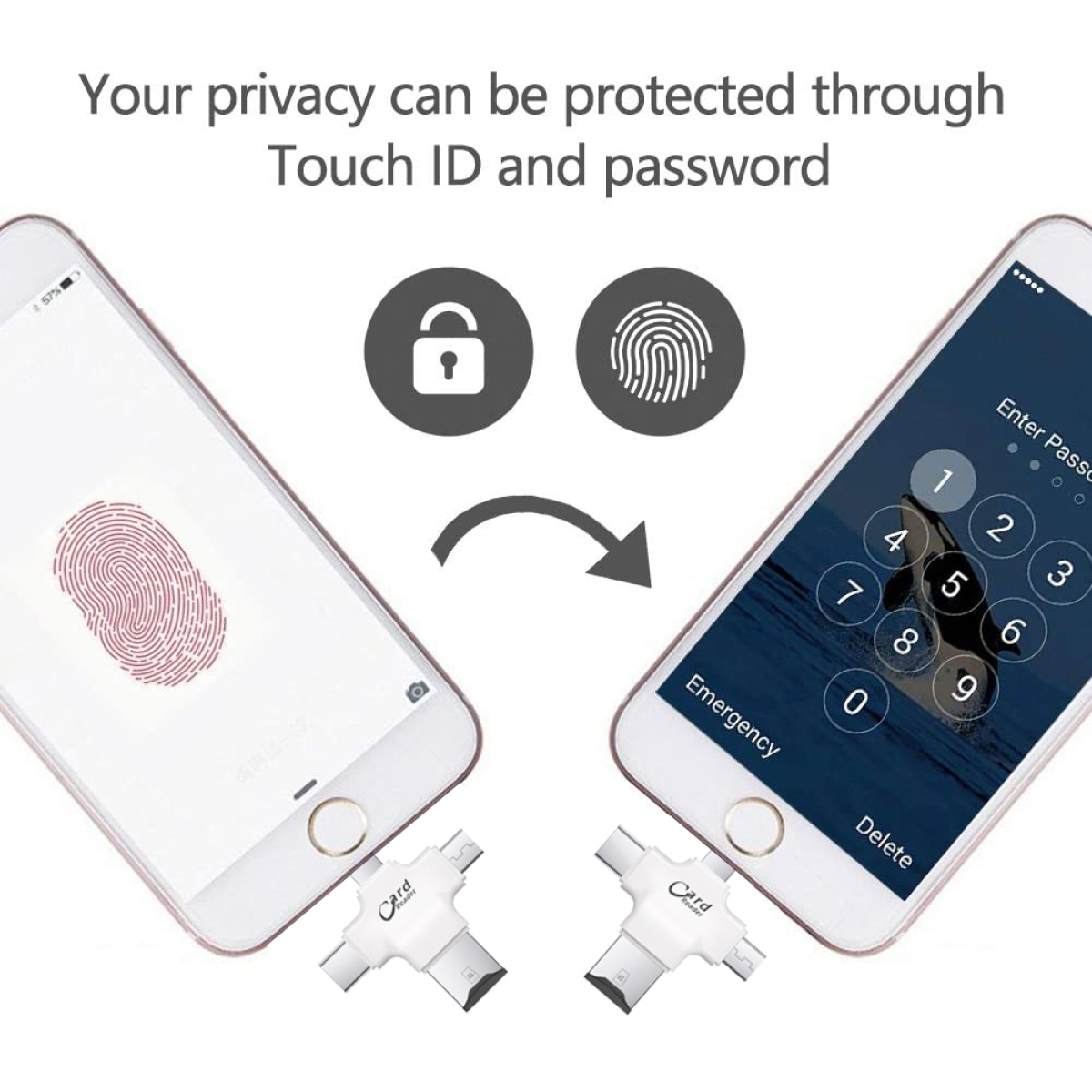 Zwei Telefone mit Fingerabdruck- und Passwort-Sperrbildschirm. USB-Laufwerk-Anschlüsse.