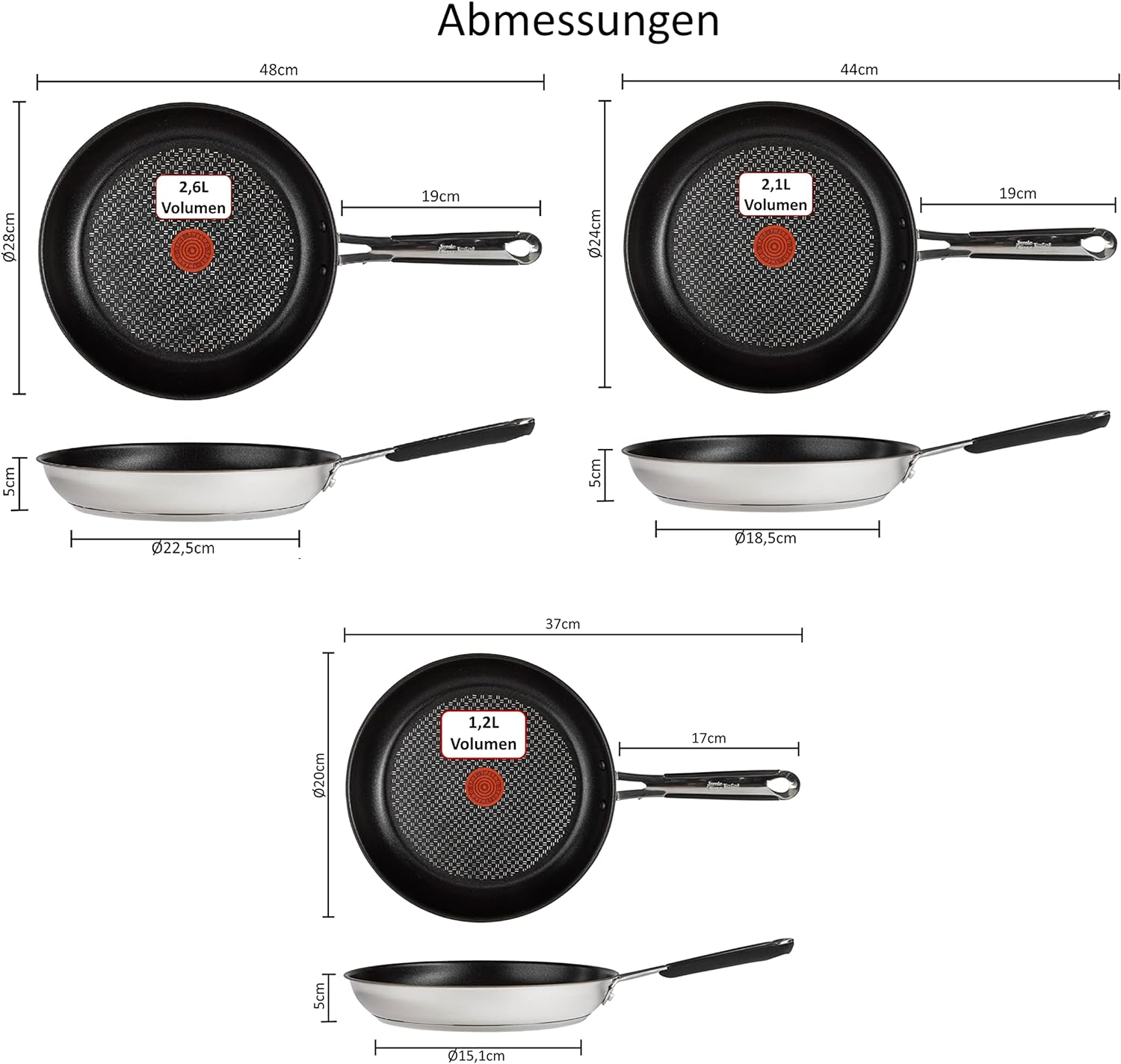 Drei Bratpfannen mit Abmessungen. Schwarze Kochfläche, silberne Seiten und schwarze Griffe. Die größte ist 28 cm.