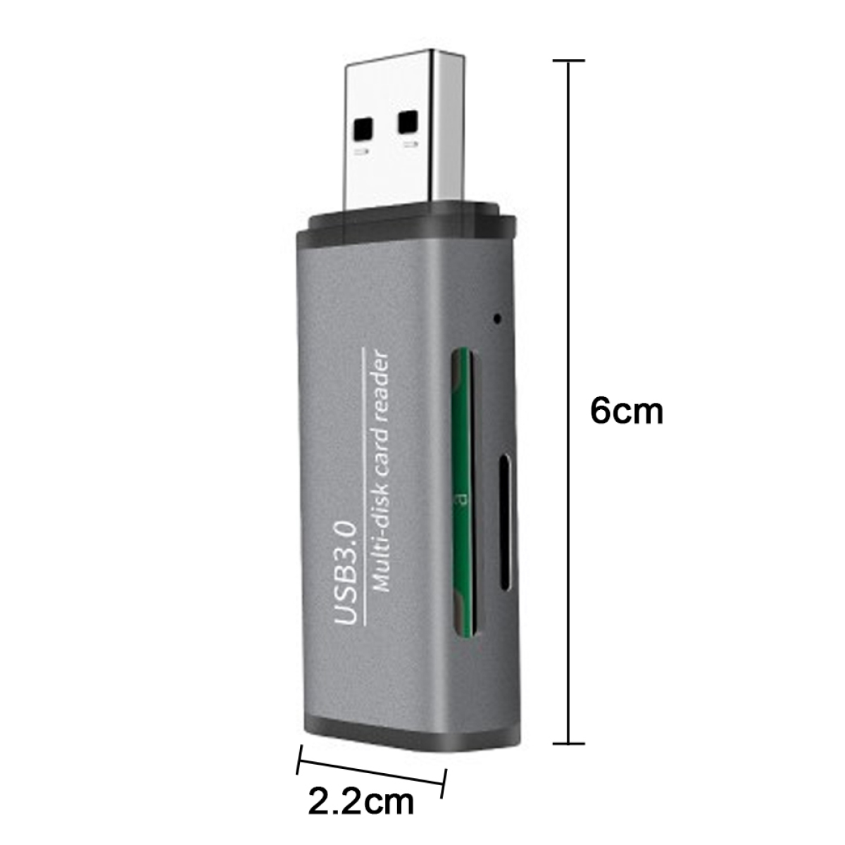 Grauer USB 3.0 Multi-Disk-Kartenleser mit Abmessungen: 2,2 cm breit, 6 cm hoch.