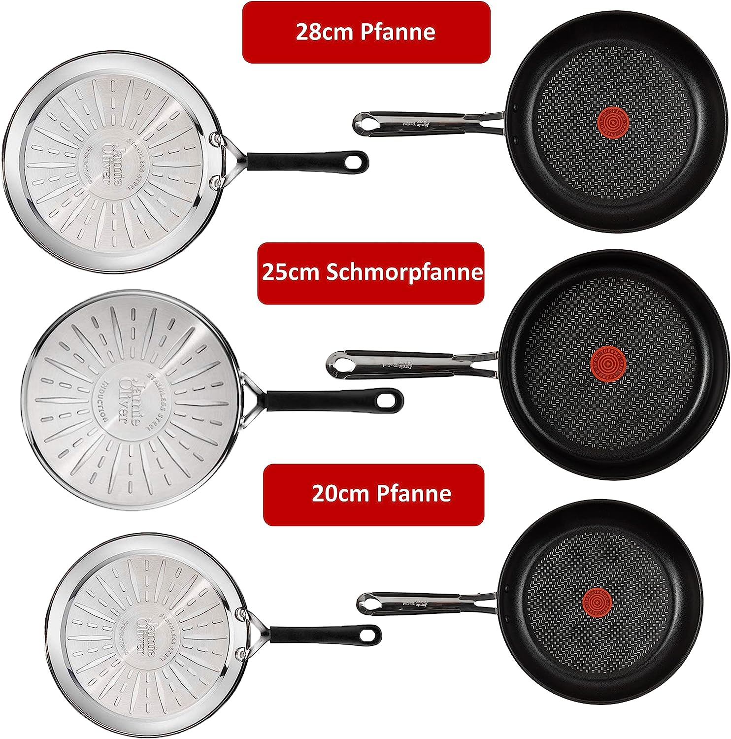 Drei Bratpfannen von oben. Eine ist aus Edelstahl, zwei sind schwarz mit einem roten Punkt.